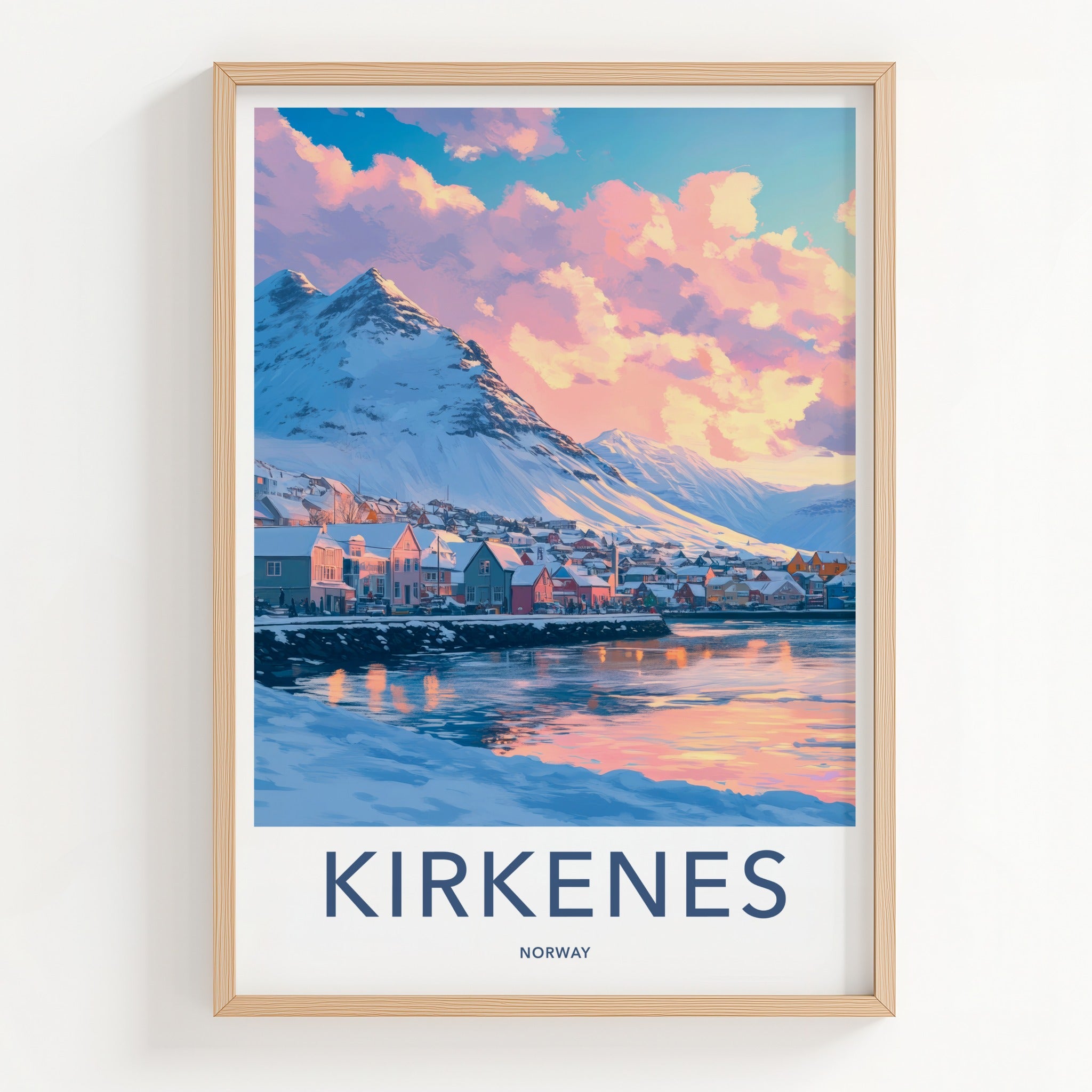 Kirkenes Poster - Norway Travel Art - Pastel Sky Mountain Home Decor