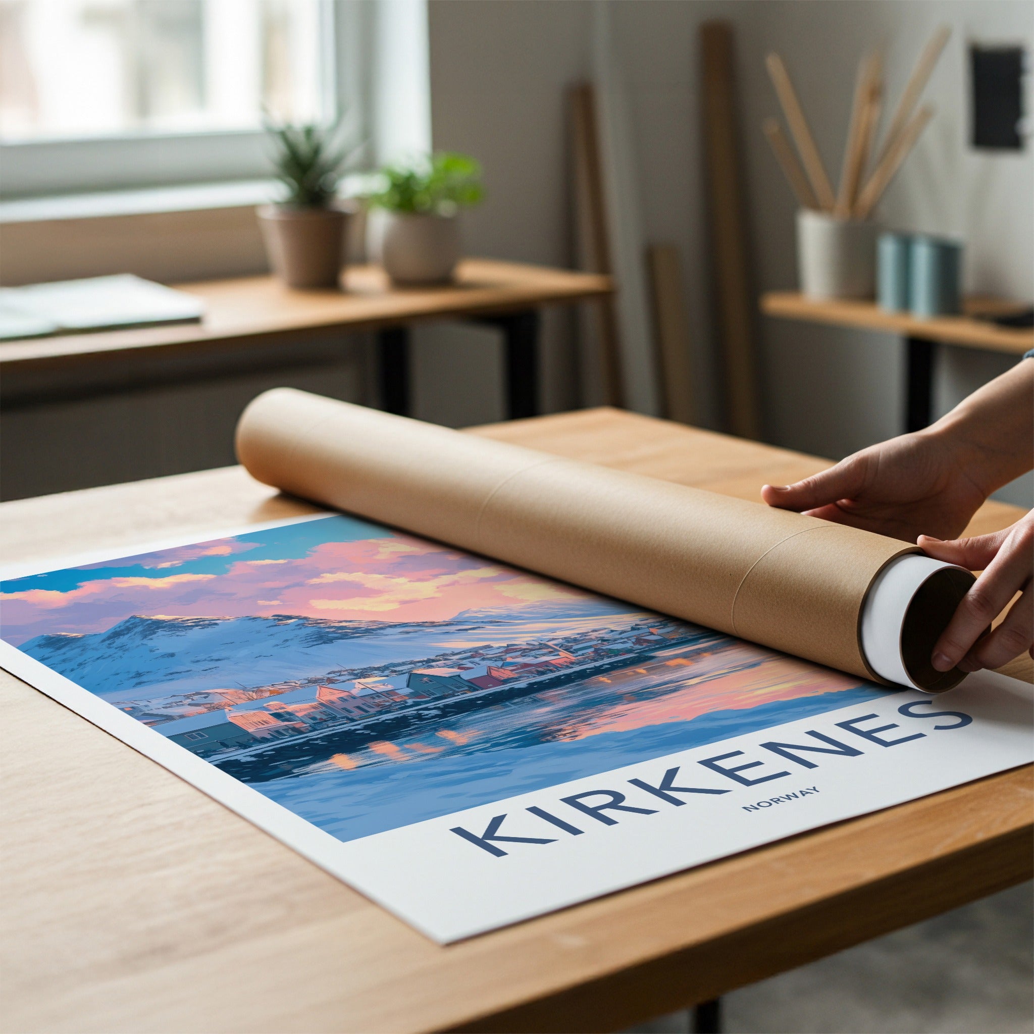Kirkenes Poster - Norway Travel Art - Pastel Sky Mountain Home Decor