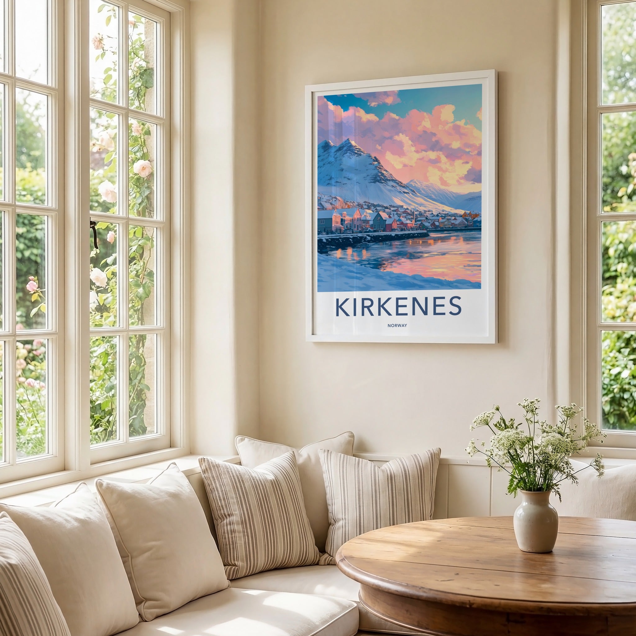 Kirkenes Poster - Norway Travel Art - Pastel Sky Mountain Home Decor