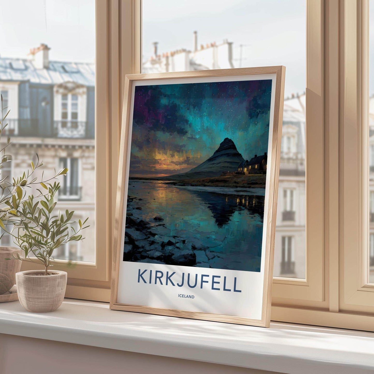Kirkjufell Poster - Iceland Travel Art - Northern Lights Reflection Home Decor
