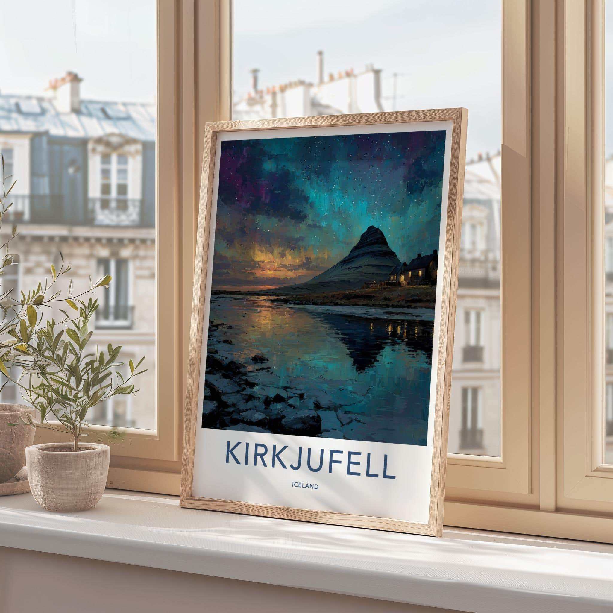 Kirkjufell Poster - Iceland Travel Art - Northern Lights Reflection Home Decor