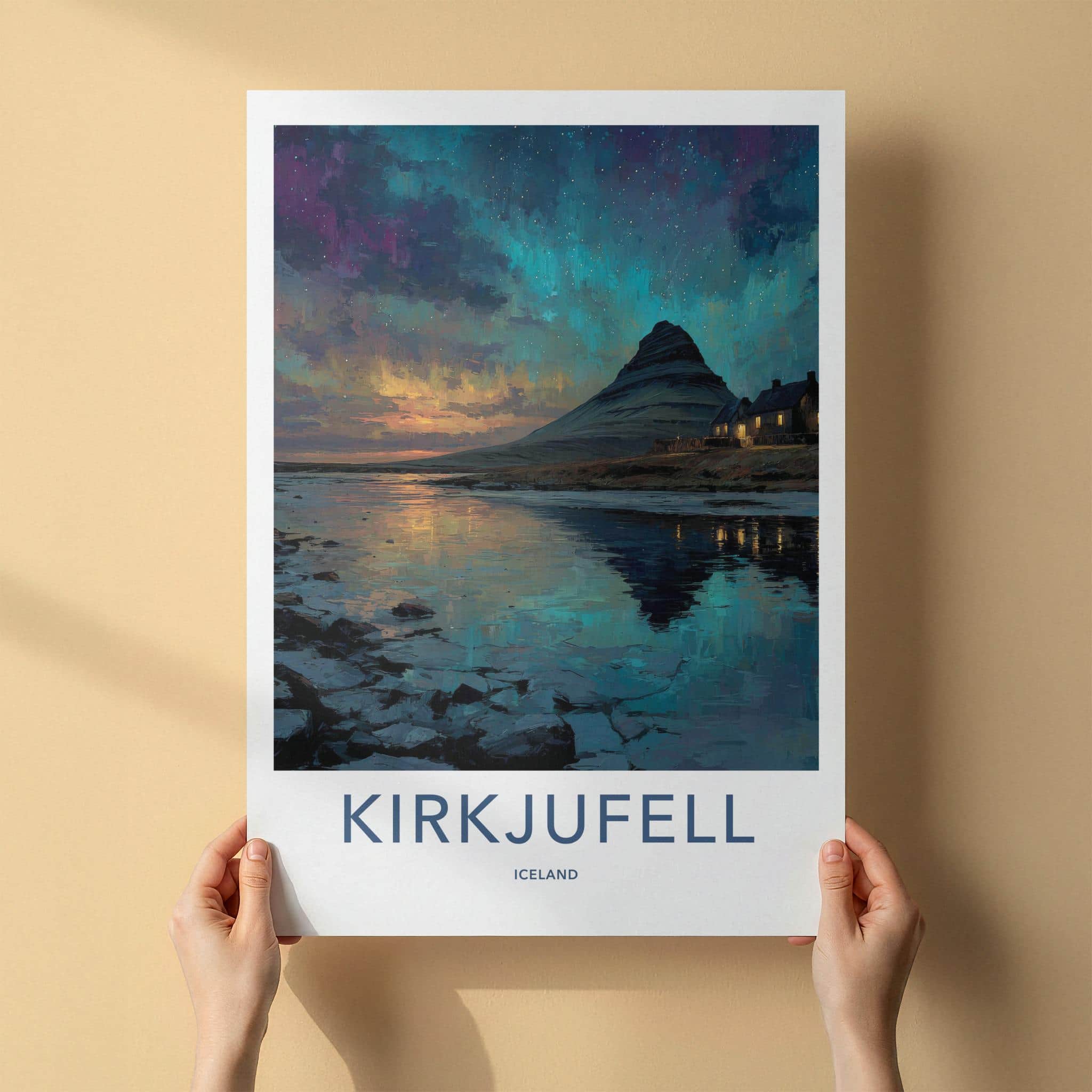 Kirkjufell Poster - Iceland Travel Art - Northern Lights Reflection Home Decor