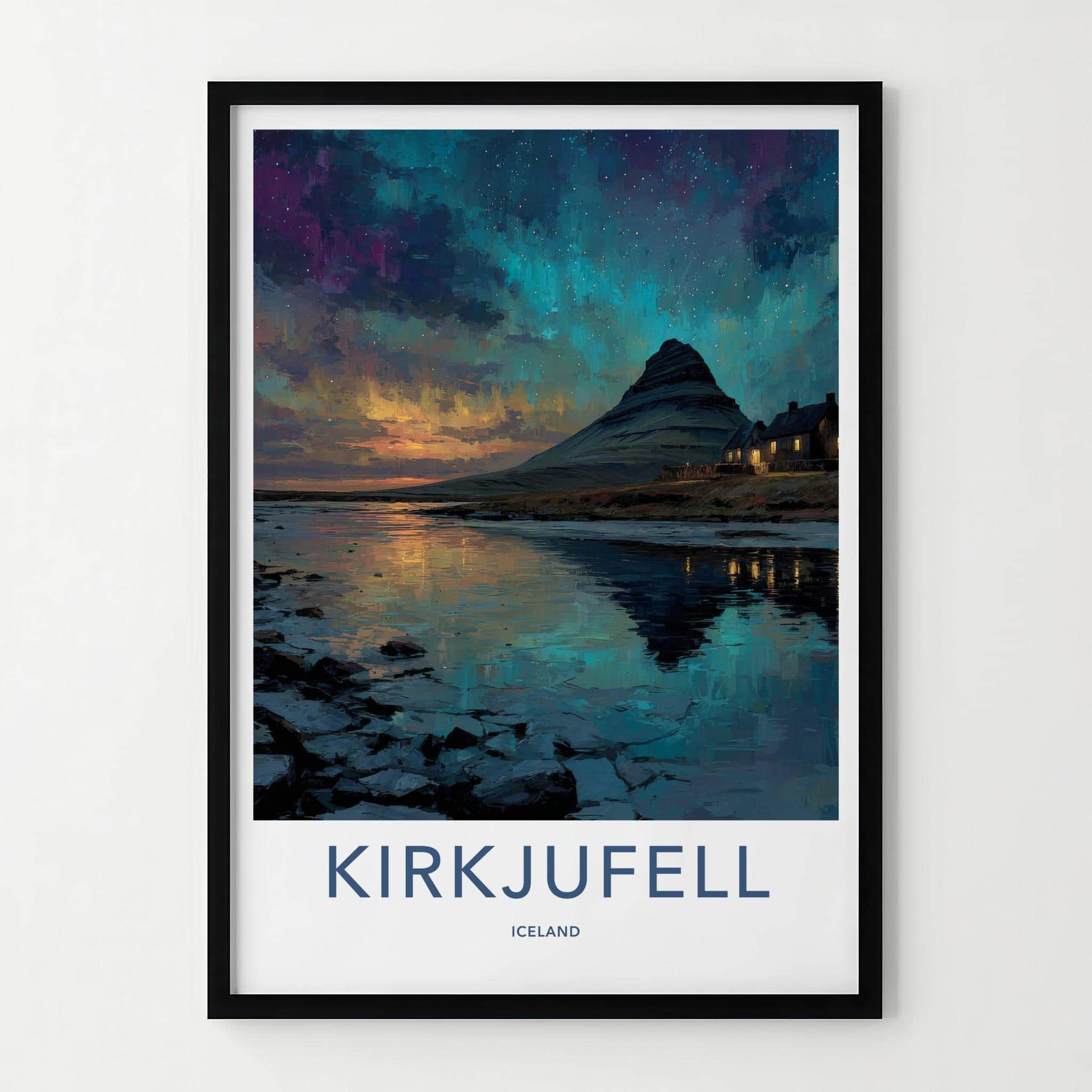 Kirkjufell Poster - Iceland Travel Art - Northern Lights Reflection Home Decor