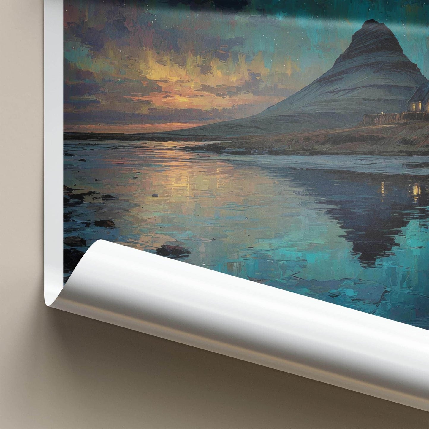 Kirkjufell Poster - Iceland Travel Art - Northern Lights Reflection Home Decor