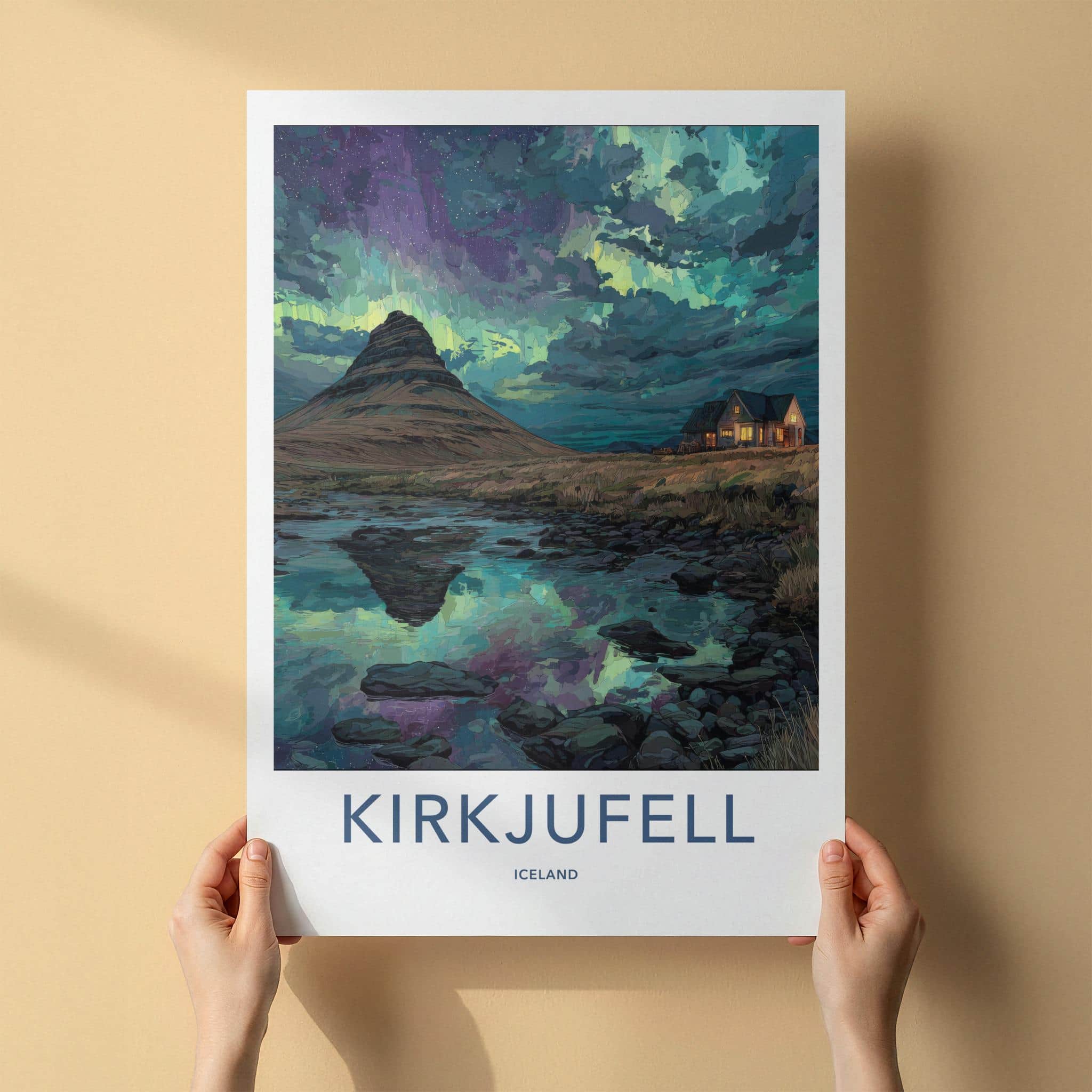 Kirkjufell Poster - Iceland Travel Art - Northern Lights Reflection Home Decor