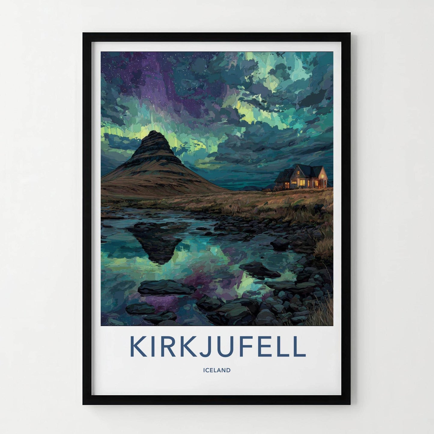 Kirkjufell Poster - Iceland Travel Art - Northern Lights Reflection Home Decor