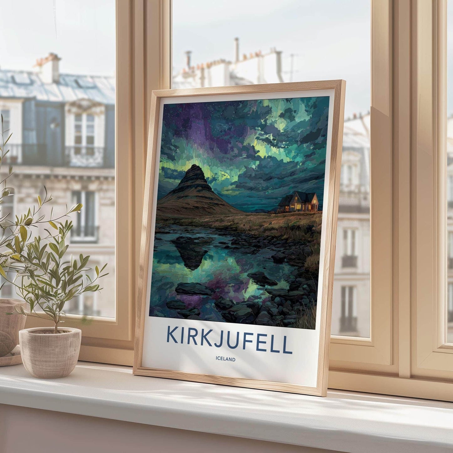 Kirkjufell Poster - Iceland Travel Art - Northern Lights Reflection Home Decor