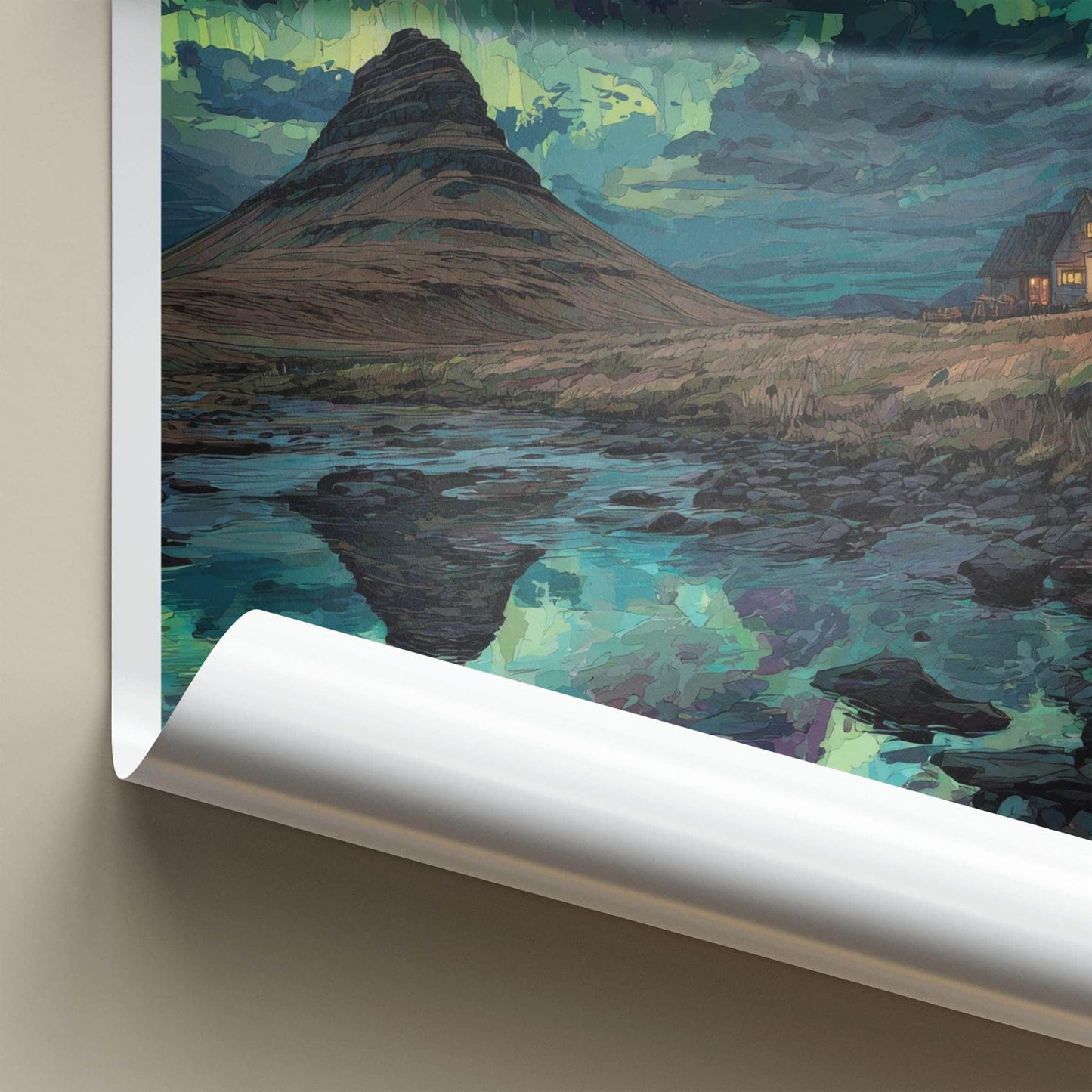 Kirkjufell Poster - Iceland Travel Art - Northern Lights Reflection Home Decor