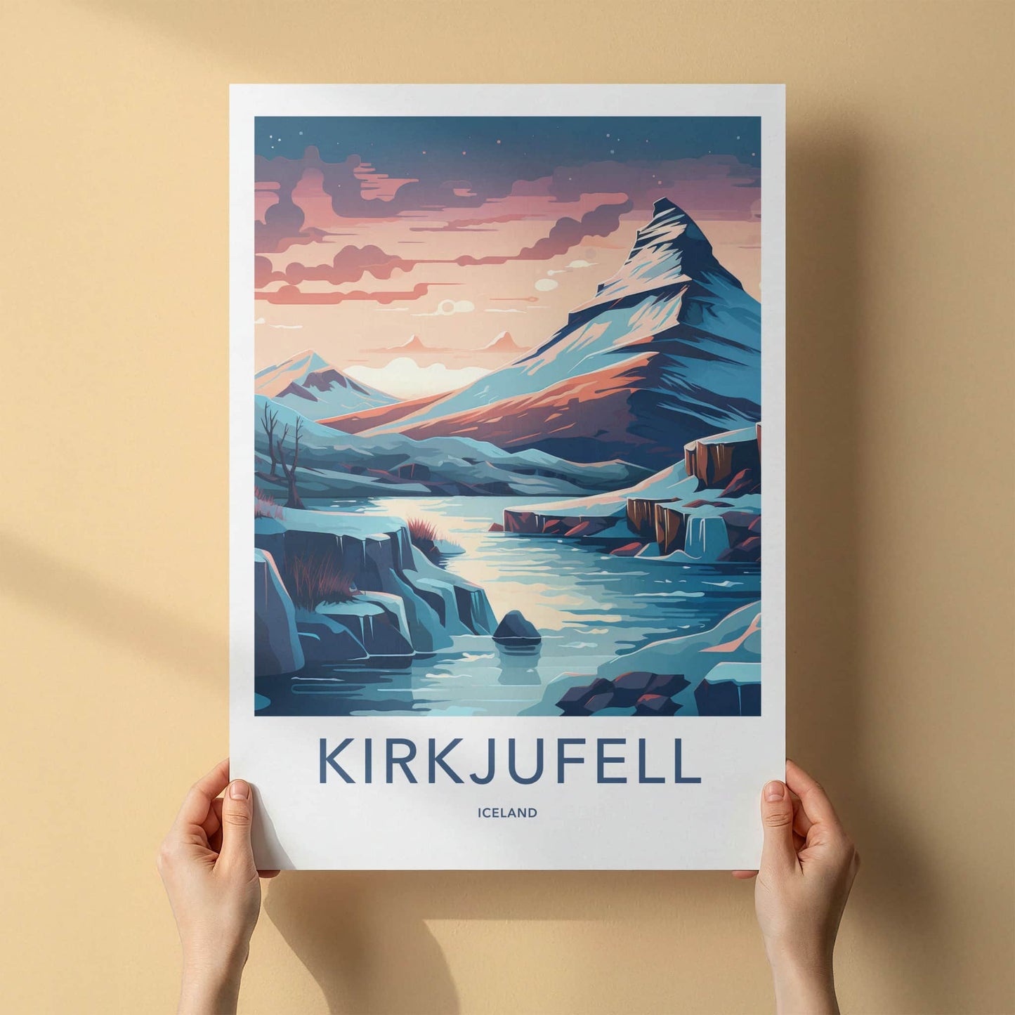 Kirkjufell Poster - Iceland Travel Art - Pastel Sky Mountain Home Decor