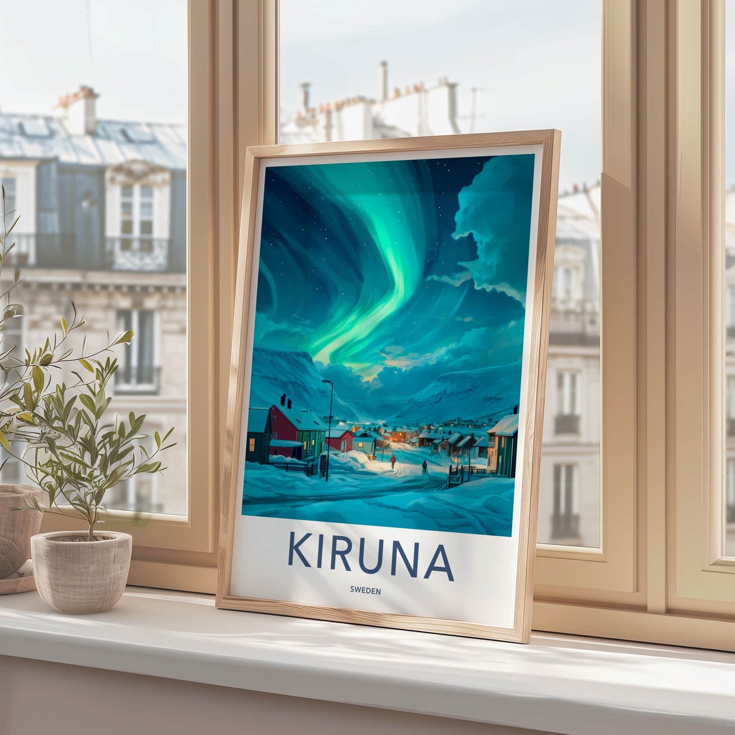 Kiruna Poster - Sweden Travel Art - Northern Lights Village Home Decor
