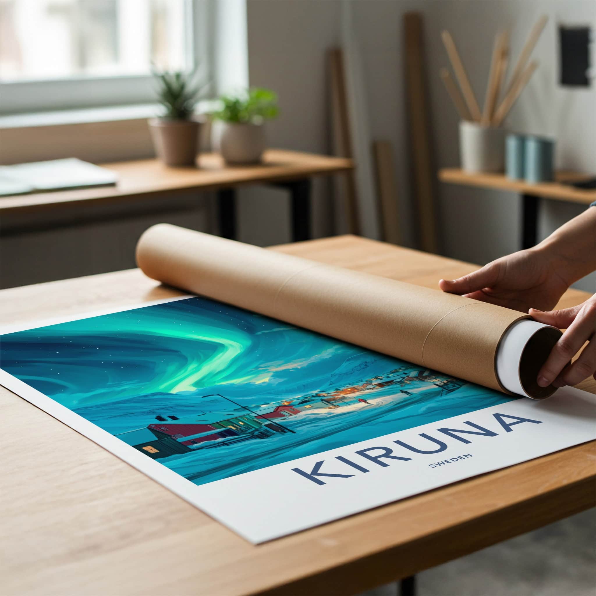 Kiruna Poster - Sweden Travel Art - Northern Lights Village Home Decor