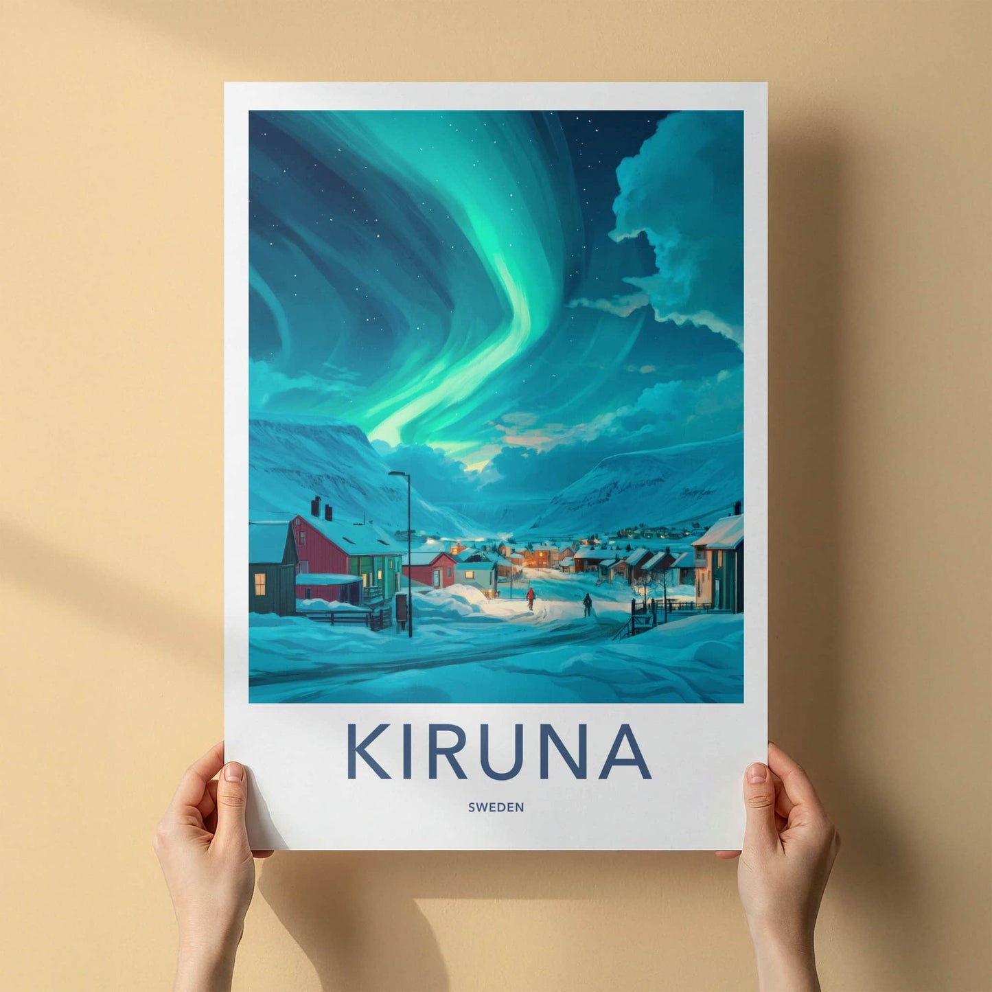 Kiruna Poster - Sweden Travel Art - Northern Lights Village Home Decor