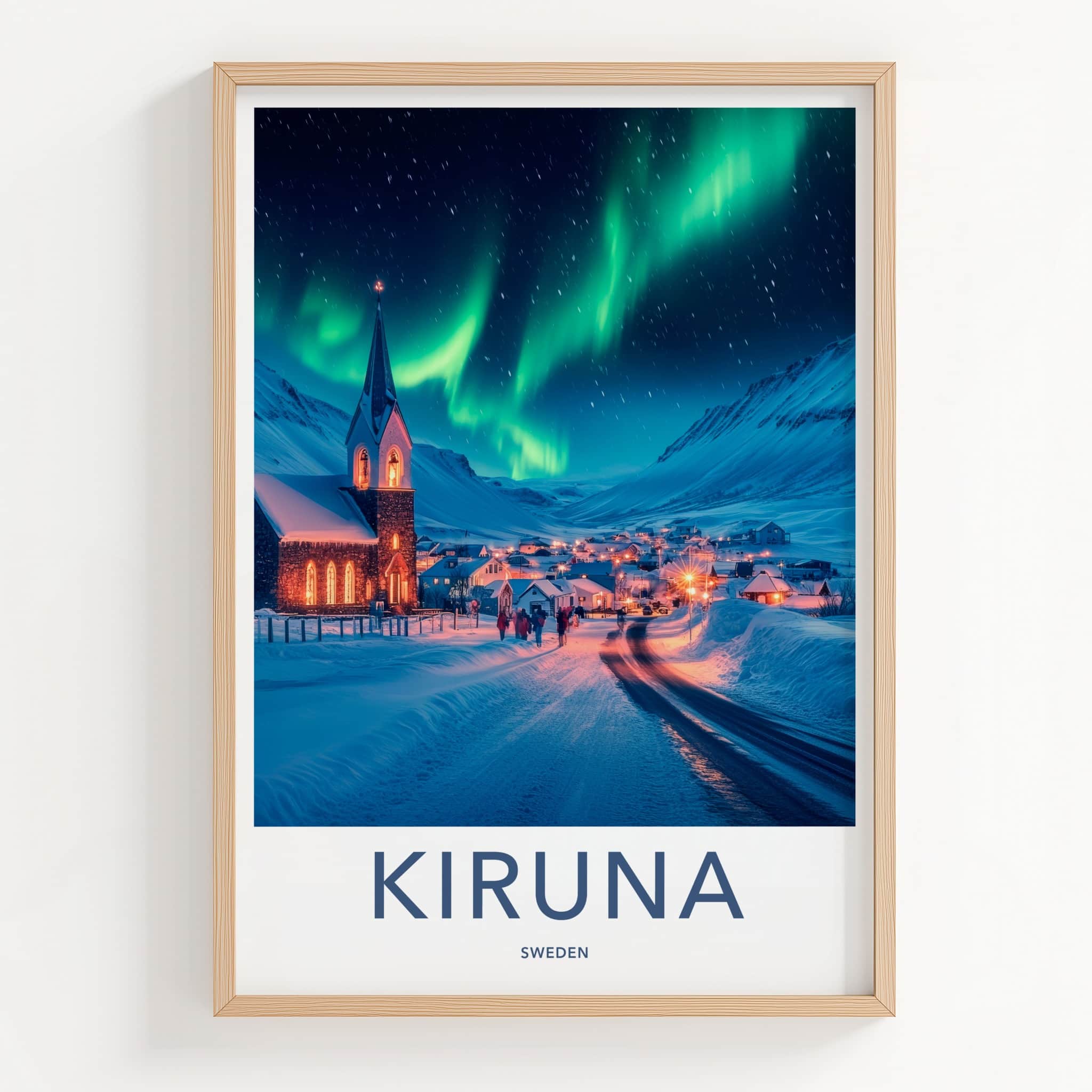Kiruna Poster - Sweden Travel Print - Snowy Village Aurora Home Decor