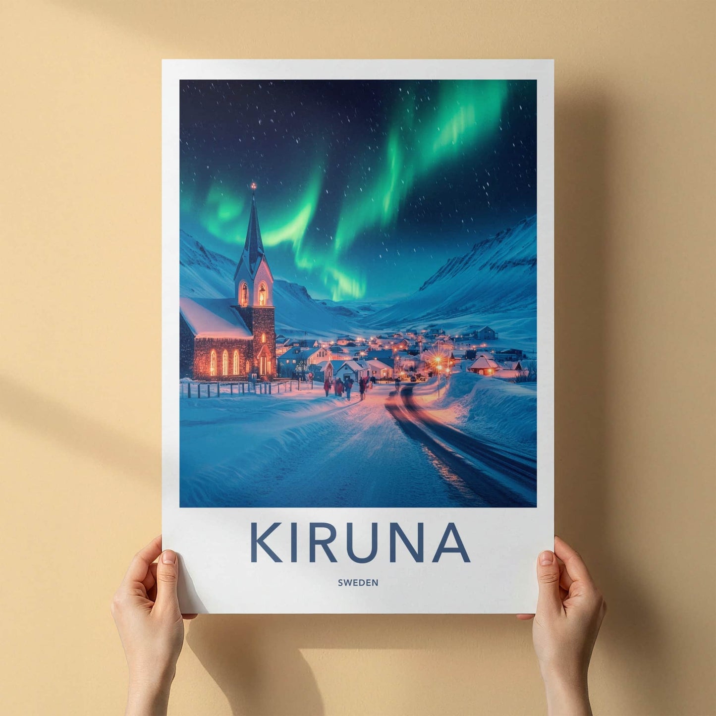 Kiruna Poster - Sweden Travel Print - Snowy Village Aurora Home Decor