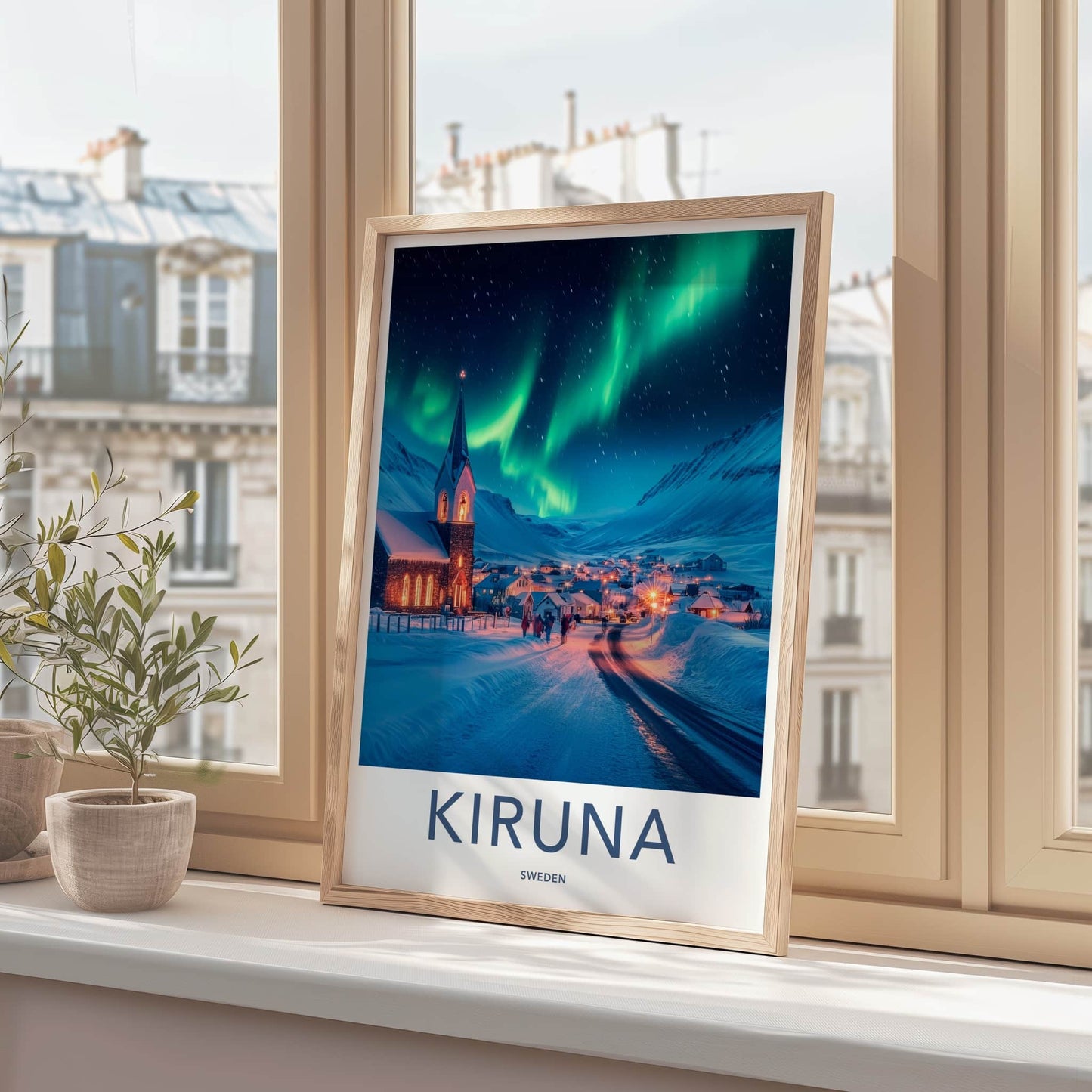Kiruna Poster - Sweden Travel Print - Snowy Village Aurora Home Decor