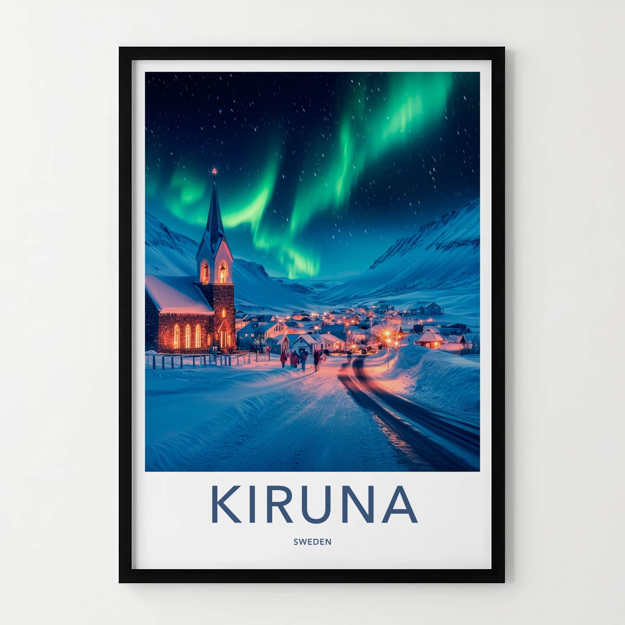 Kiruna Poster - Sweden Travel Print - Snowy Village Aurora Home Decor