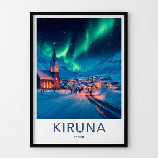 Kiruna Poster - Sweden Travel Print - Snowy Village Aurora Home Decor