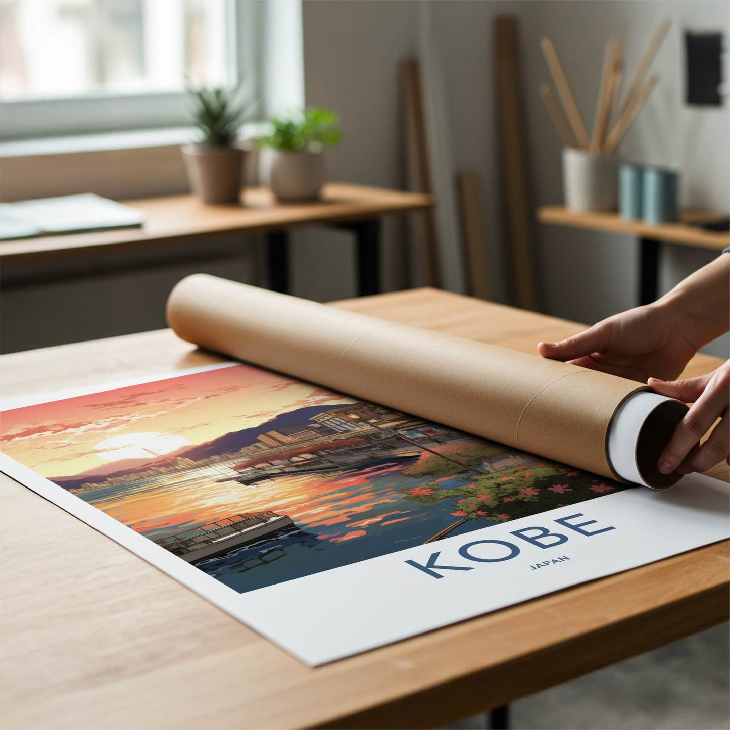 Kobe Poster - Japan Travel Art - Cherry Blossom Sunset Wall Decor