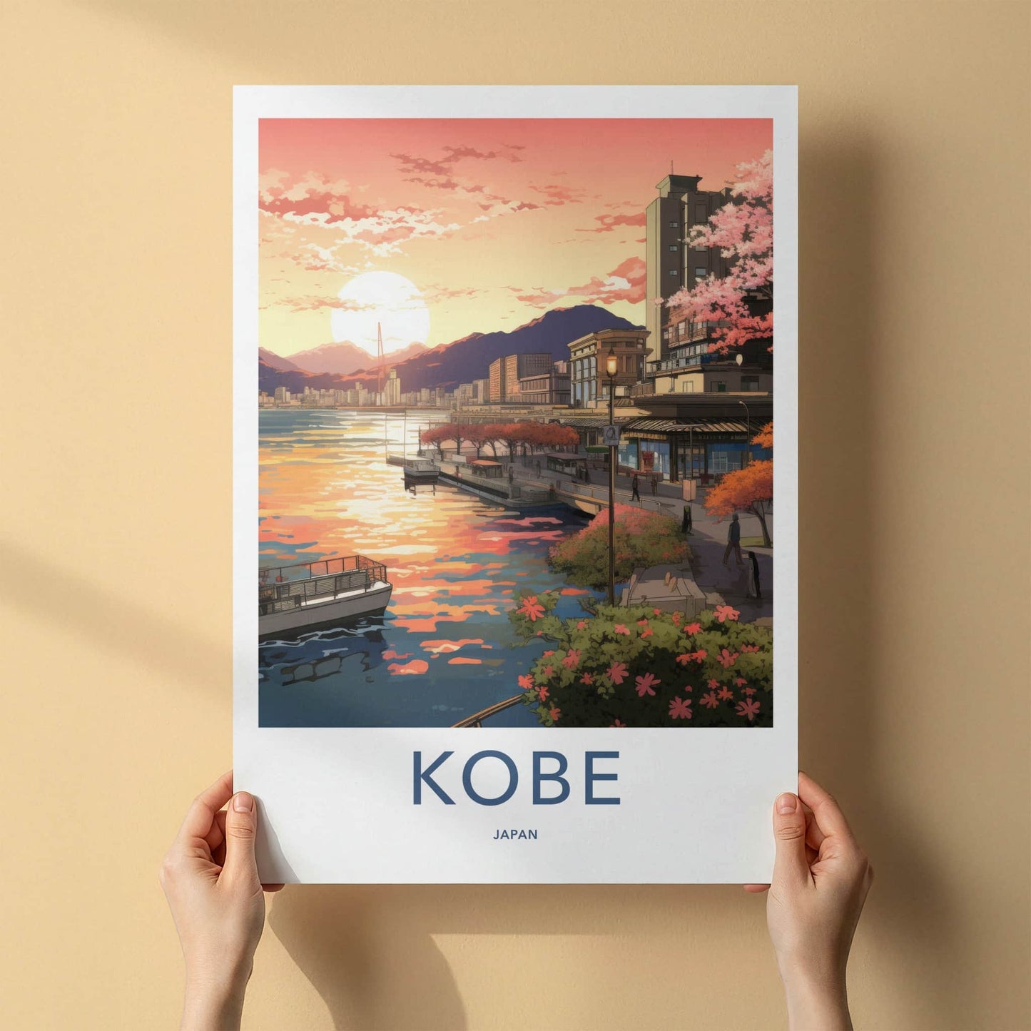 Kobe Poster - Japan Travel Art - Cherry Blossom Sunset Wall Decor