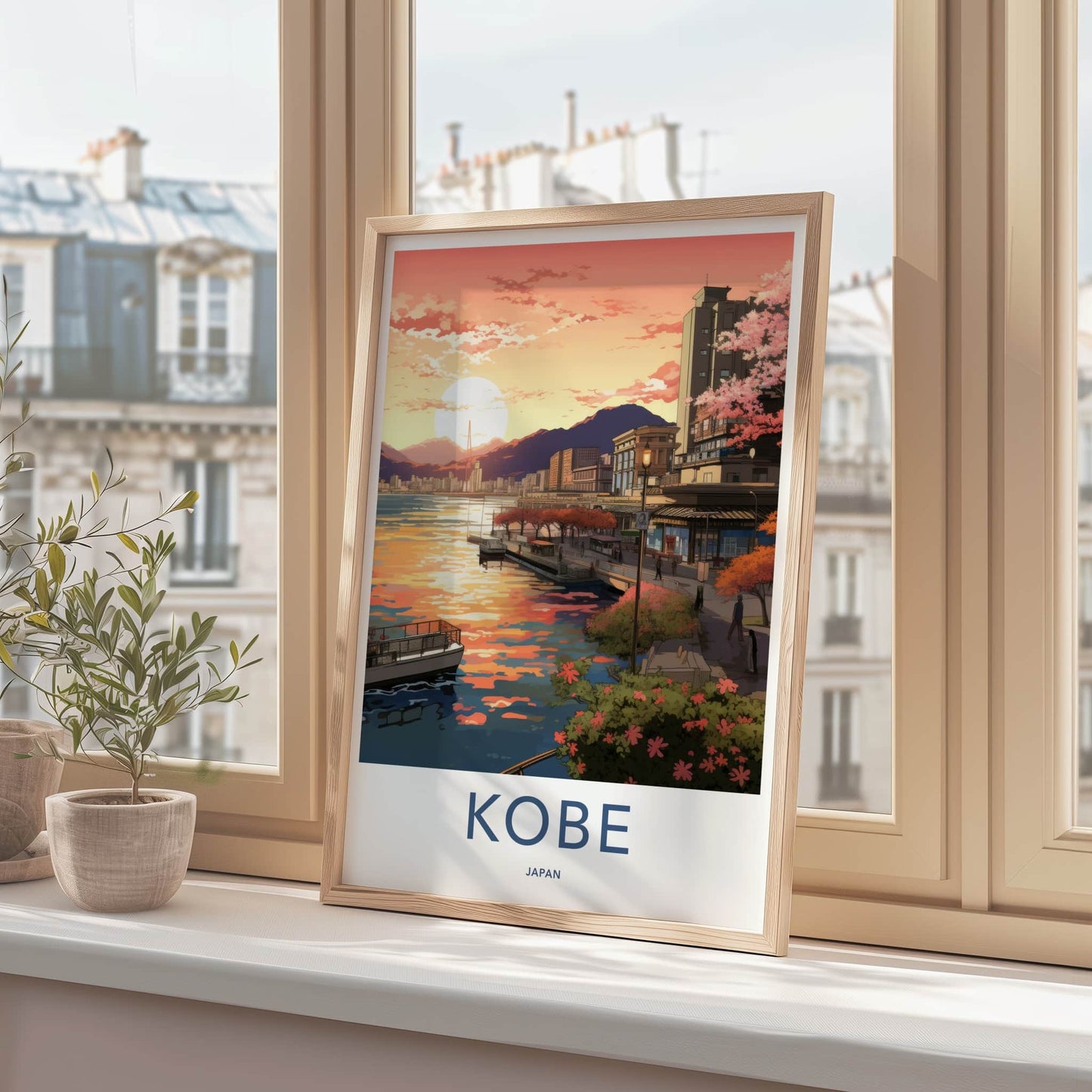 Kobe Poster - Japan Travel Art - Cherry Blossom Sunset Wall Decor