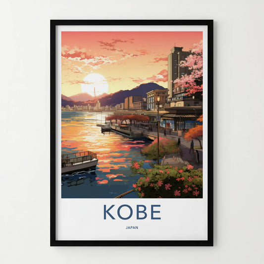 Kobe Poster - Japan Travel Art - Cherry Blossom Sunset Wall Decor