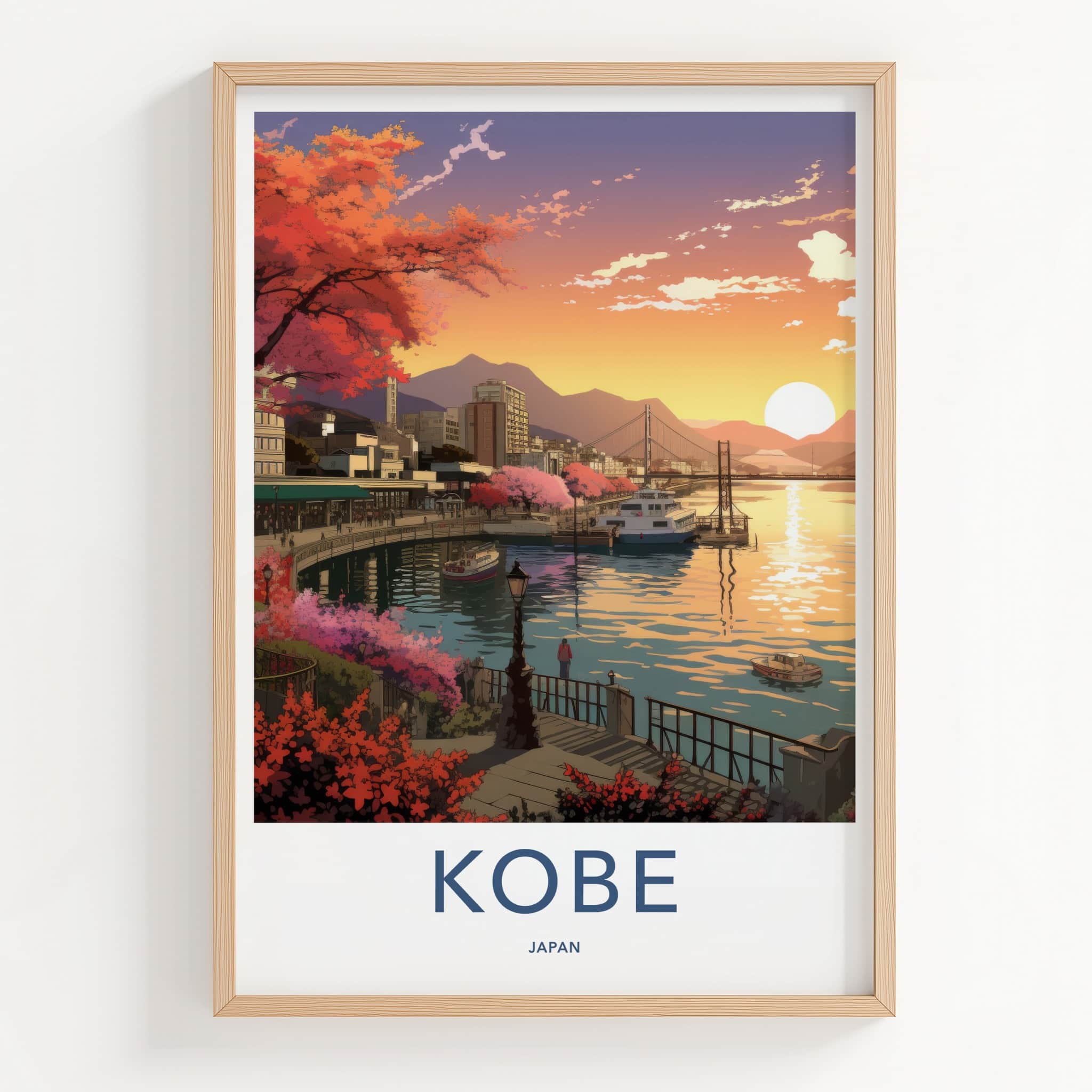 Kobe Poster - Japan Travel Art - Sunset Harbor Bloom Home Decor