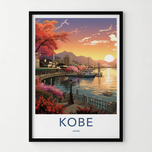 Kobe Poster - Japan Travel Art - Sunset Harbor Bloom Home Decor