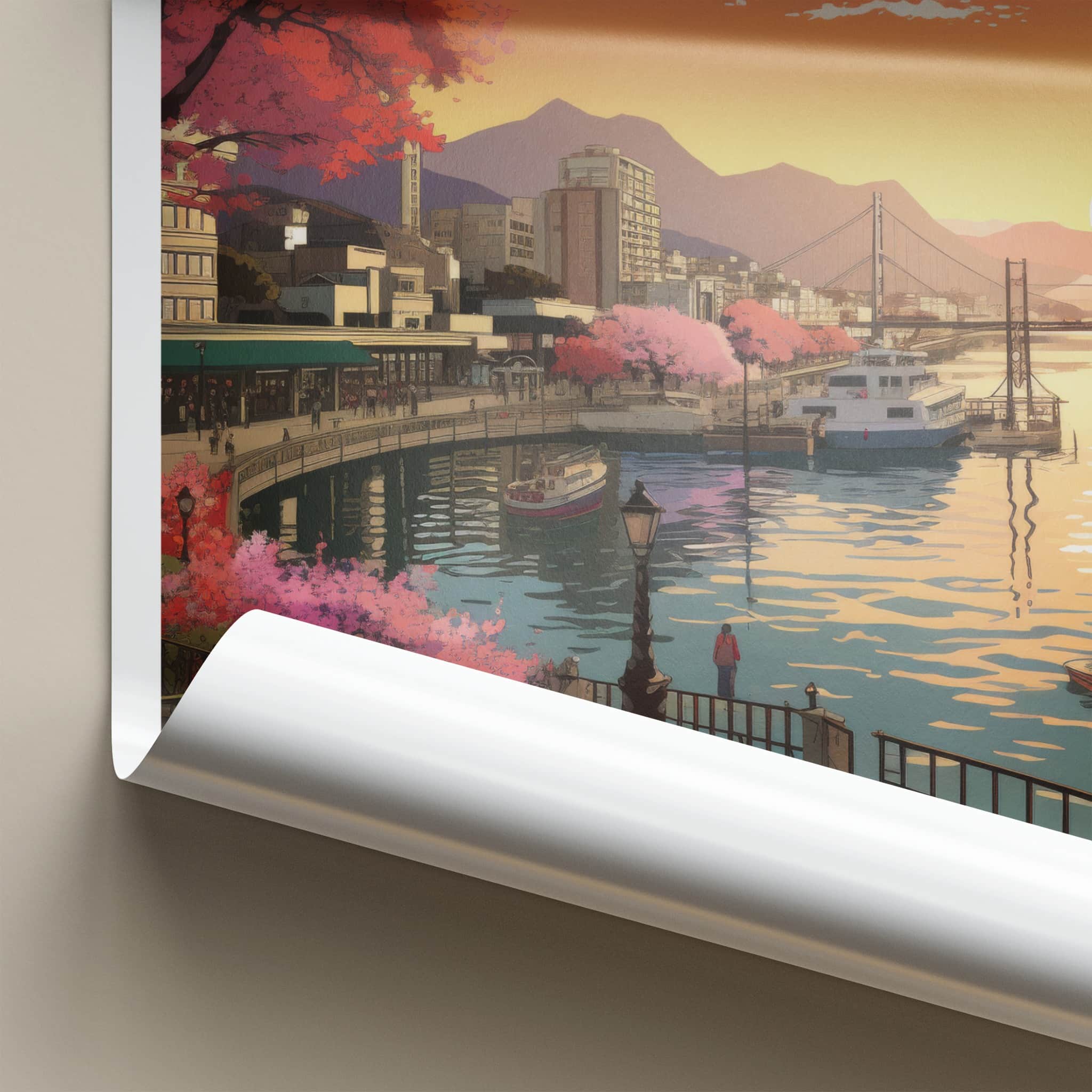 Kobe Poster - Japan Travel Art - Sunset Harbor Bloom Home Decor