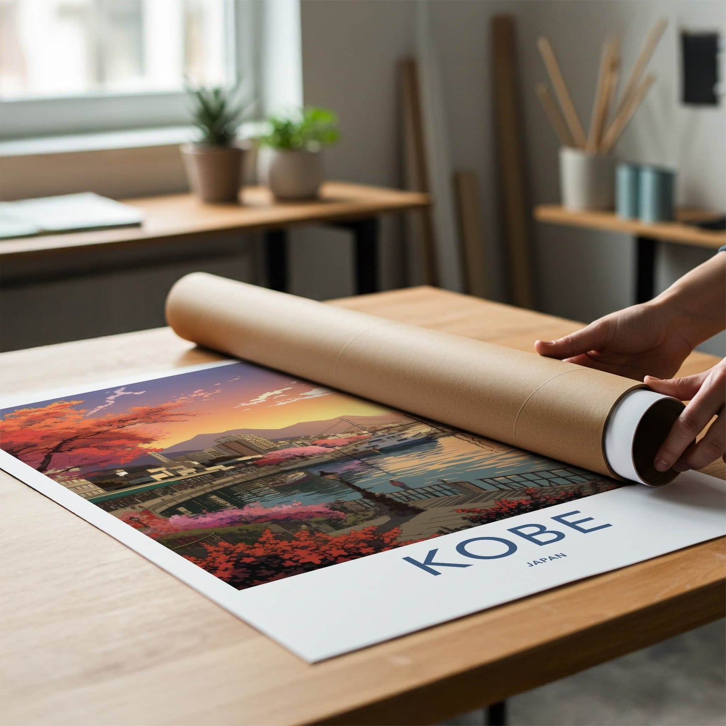 Kobe Poster - Japan Travel Art - Sunset Harbor Bloom Home Decor