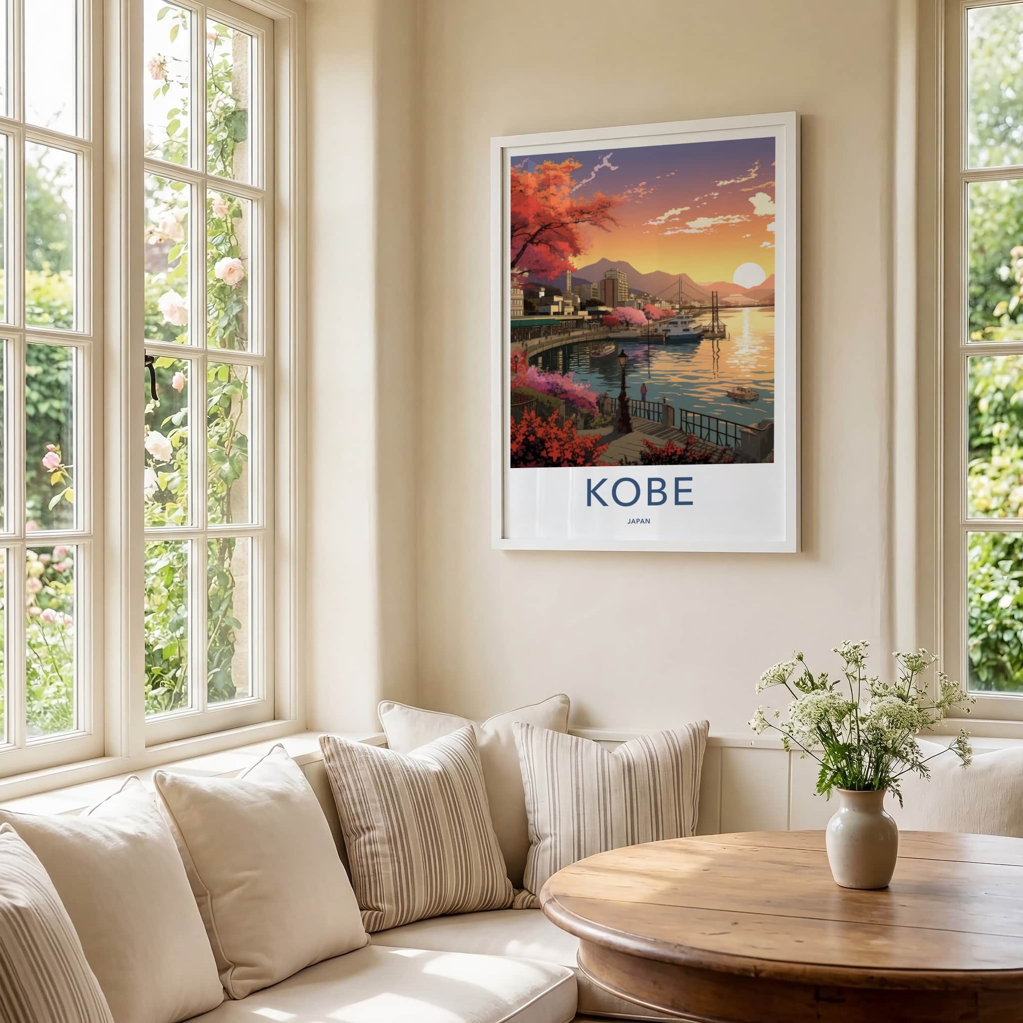 Kobe Poster - Japan Travel Art - Sunset Harbor Bloom Home Decor