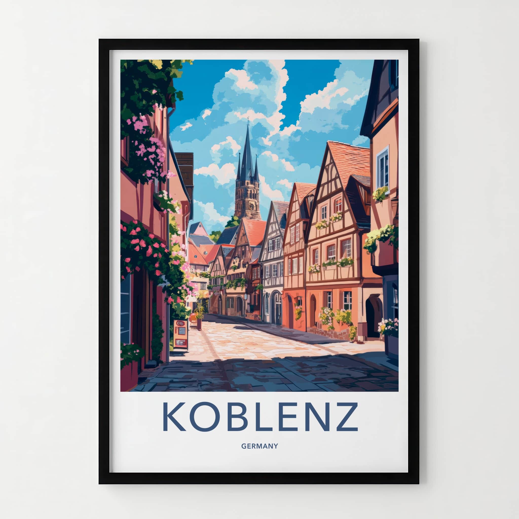 Koblenz Poster - Germany Travel Print - Historic Street Steeple Wall Decor