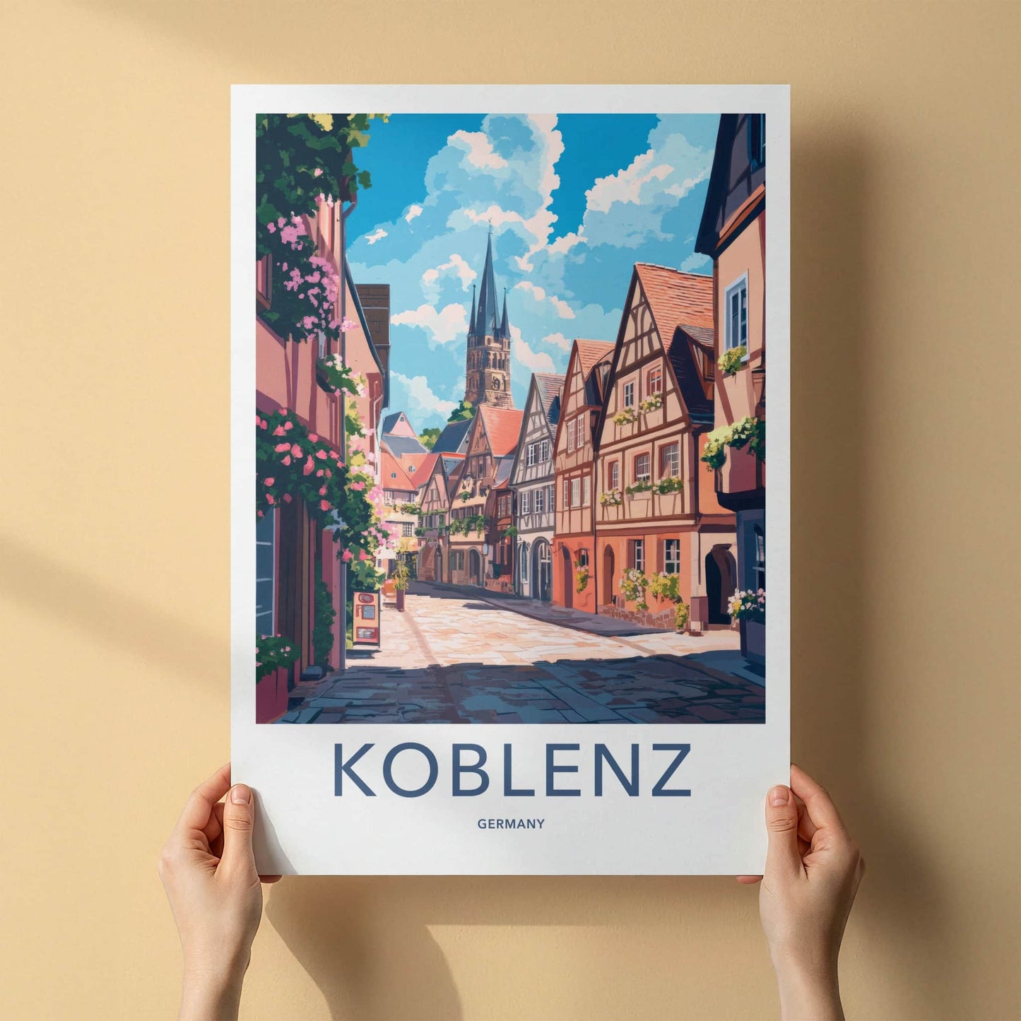 Koblenz Poster - Germany Travel Print - Historic Street Steeple Wall Decor