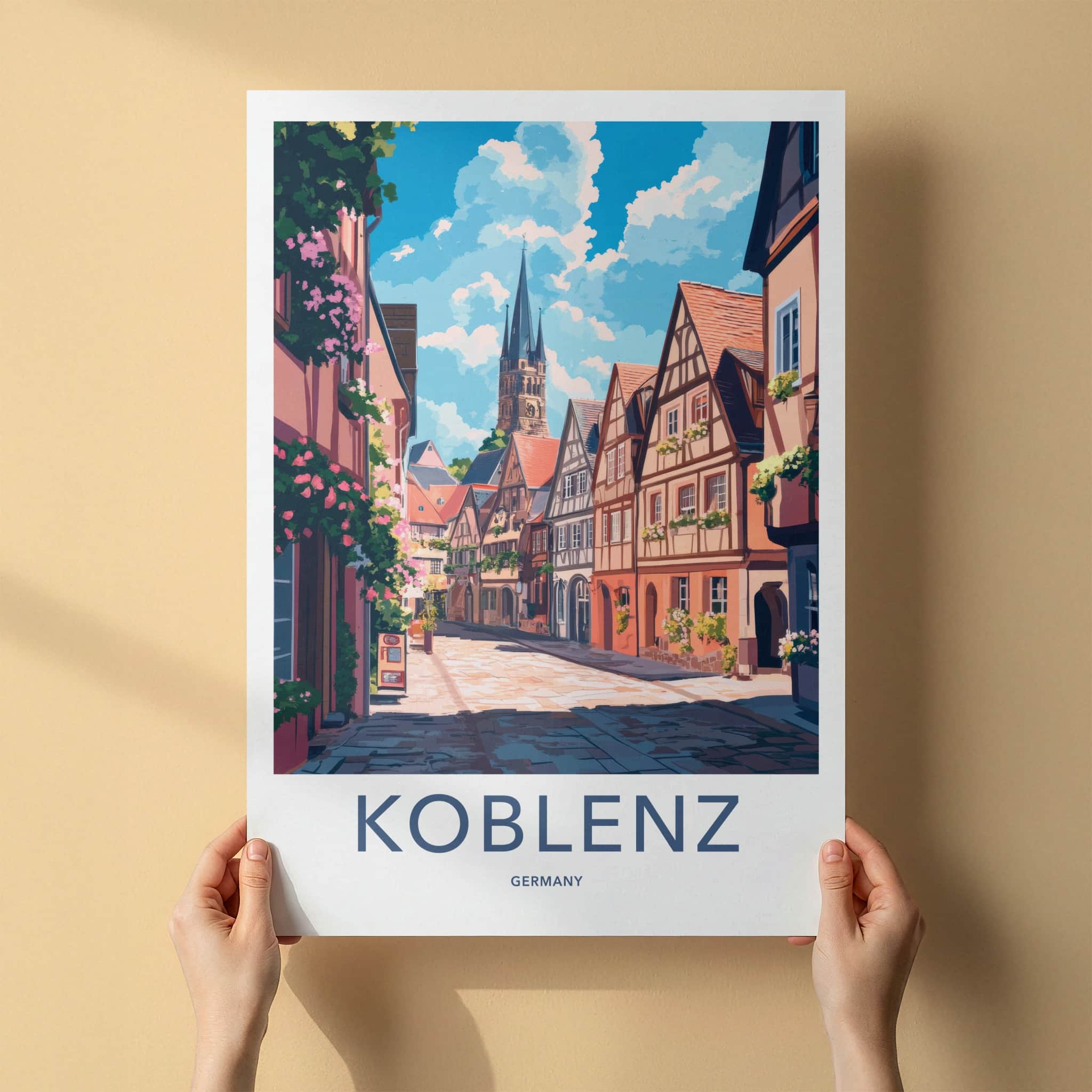 Koblenz Poster - Germany Travel Print - Historic Street Steeple Wall Decor