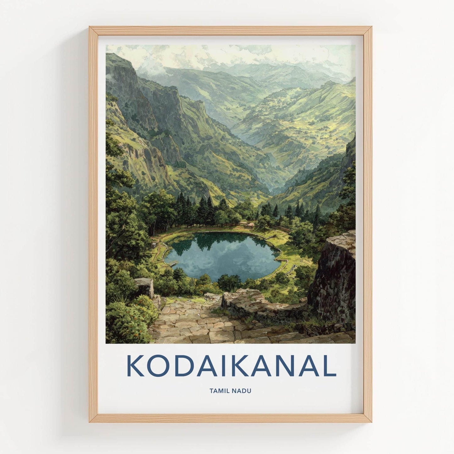 Kodaikanal Poster - India Travel Art - Tamil Nadu Mountain Lake Path Home Decor