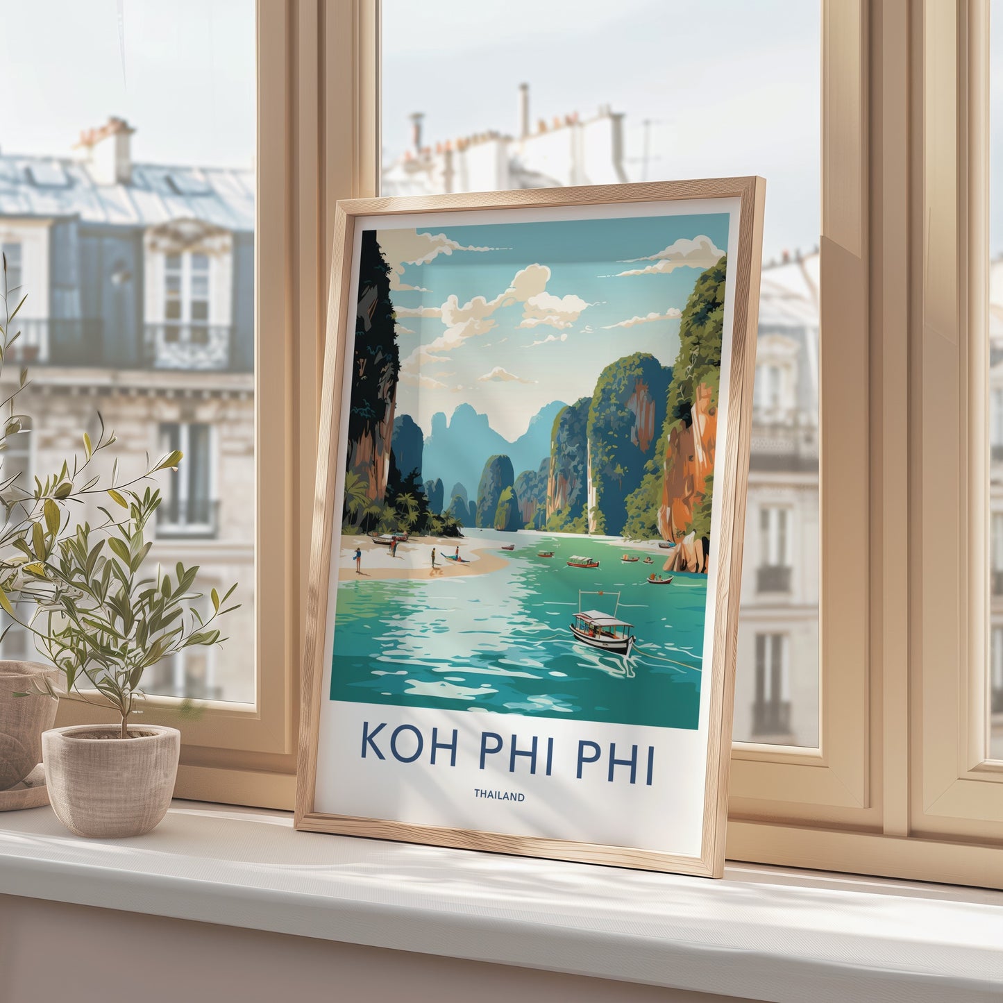 Koh Phi Phi Poster - Thailand Travel Art - Limestone Cliffs Beach Home Decor