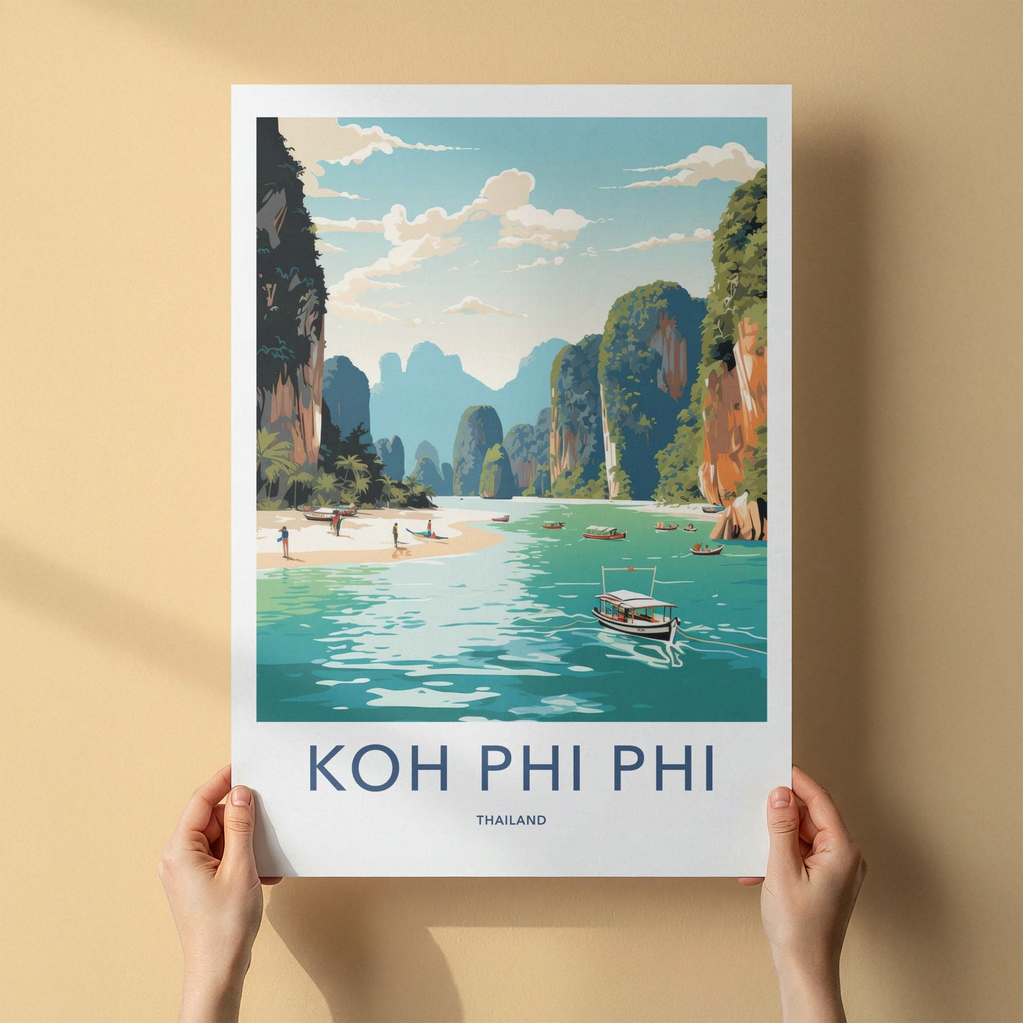 Koh Phi Phi Poster - Thailand Travel Art - Limestone Cliffs Beach Home Decor