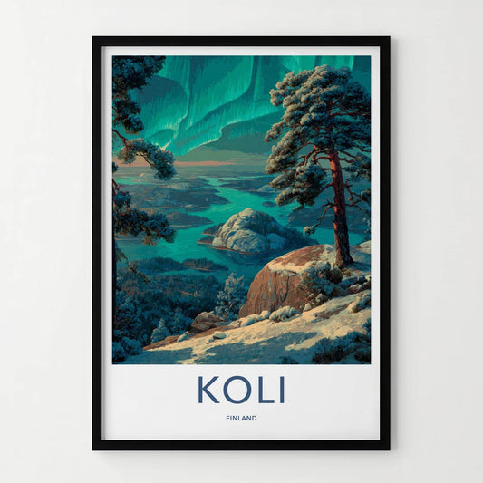 Koli Poster - Finland Travel Art - Winter Lake Aurora Home Decor