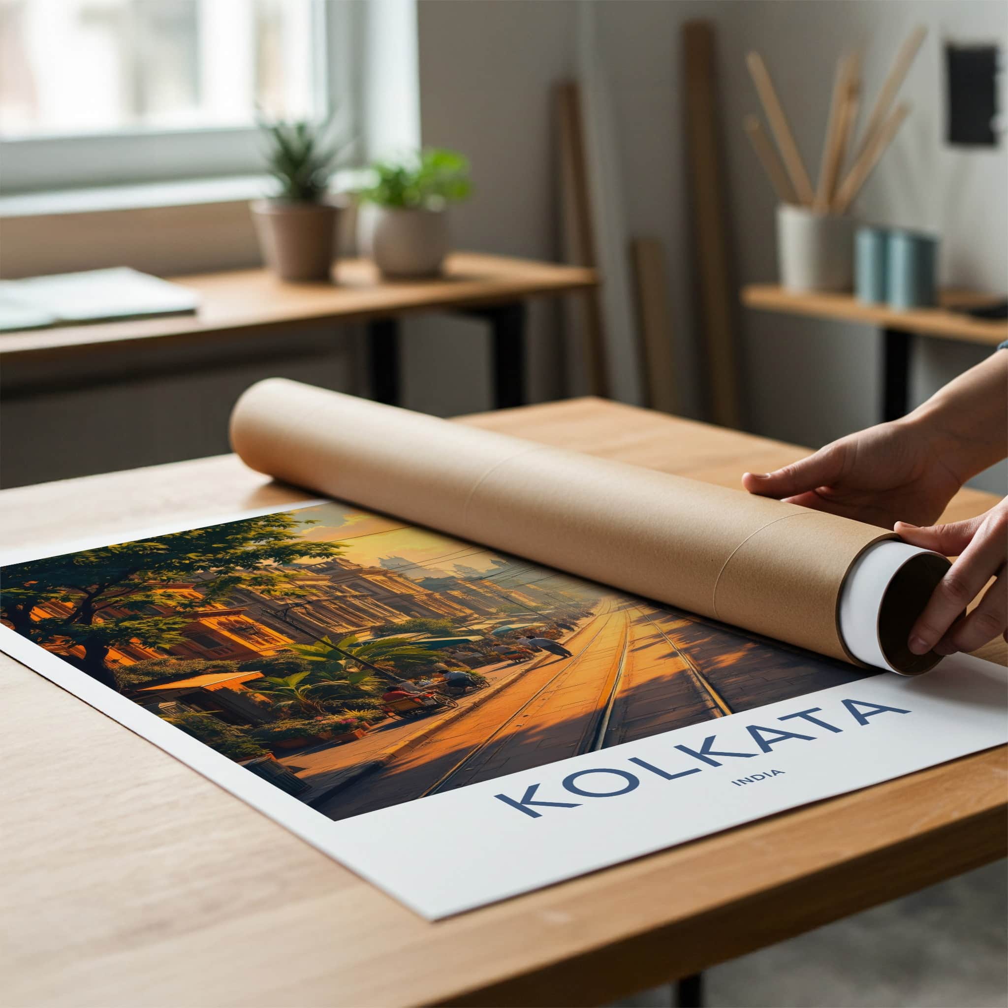 Kolkata Poster - India Travel Art - West Bengal Golden Hour Street Home Decor