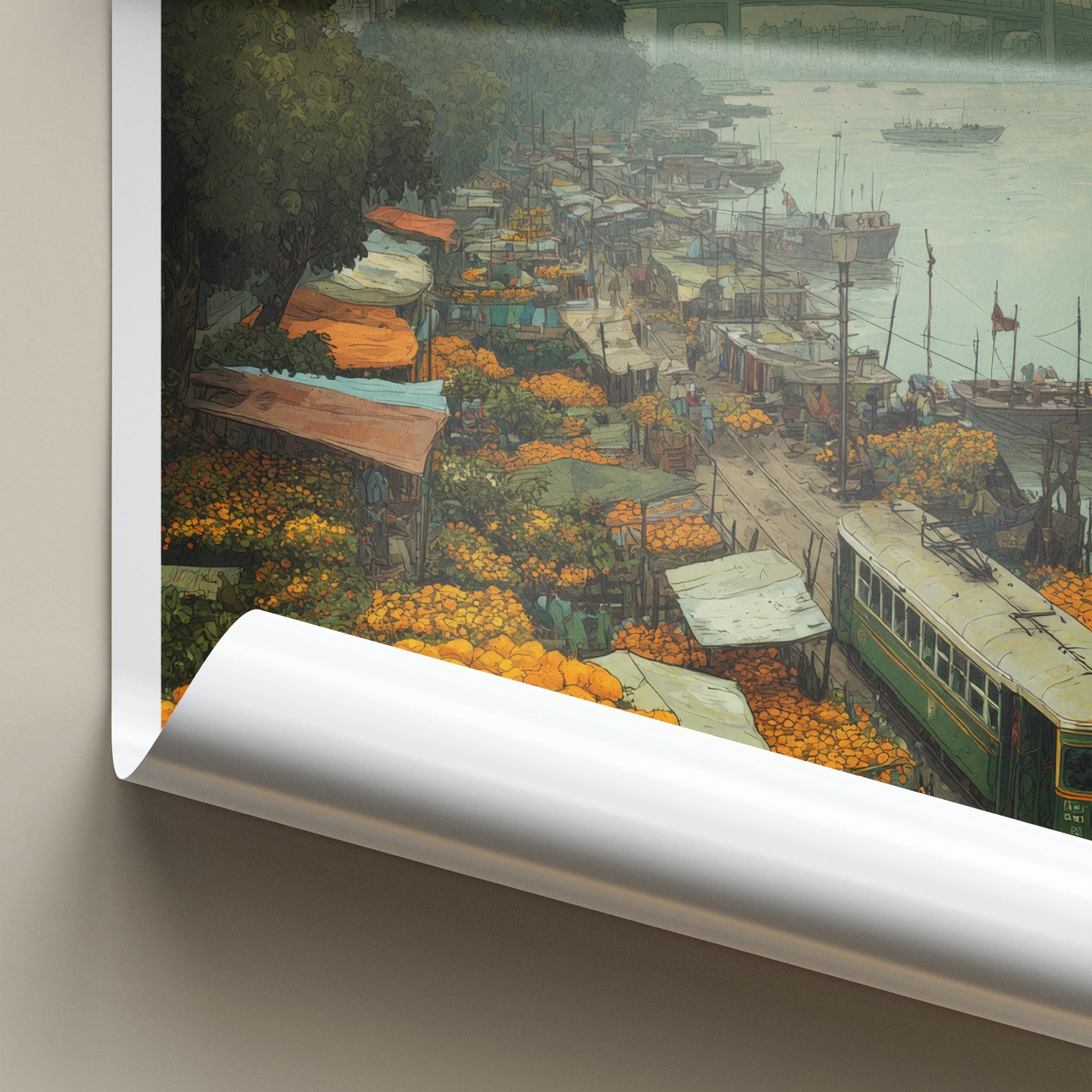 Kolkata Poster - India Travel Art - West Bengal Marigold Flower Market Home Decor