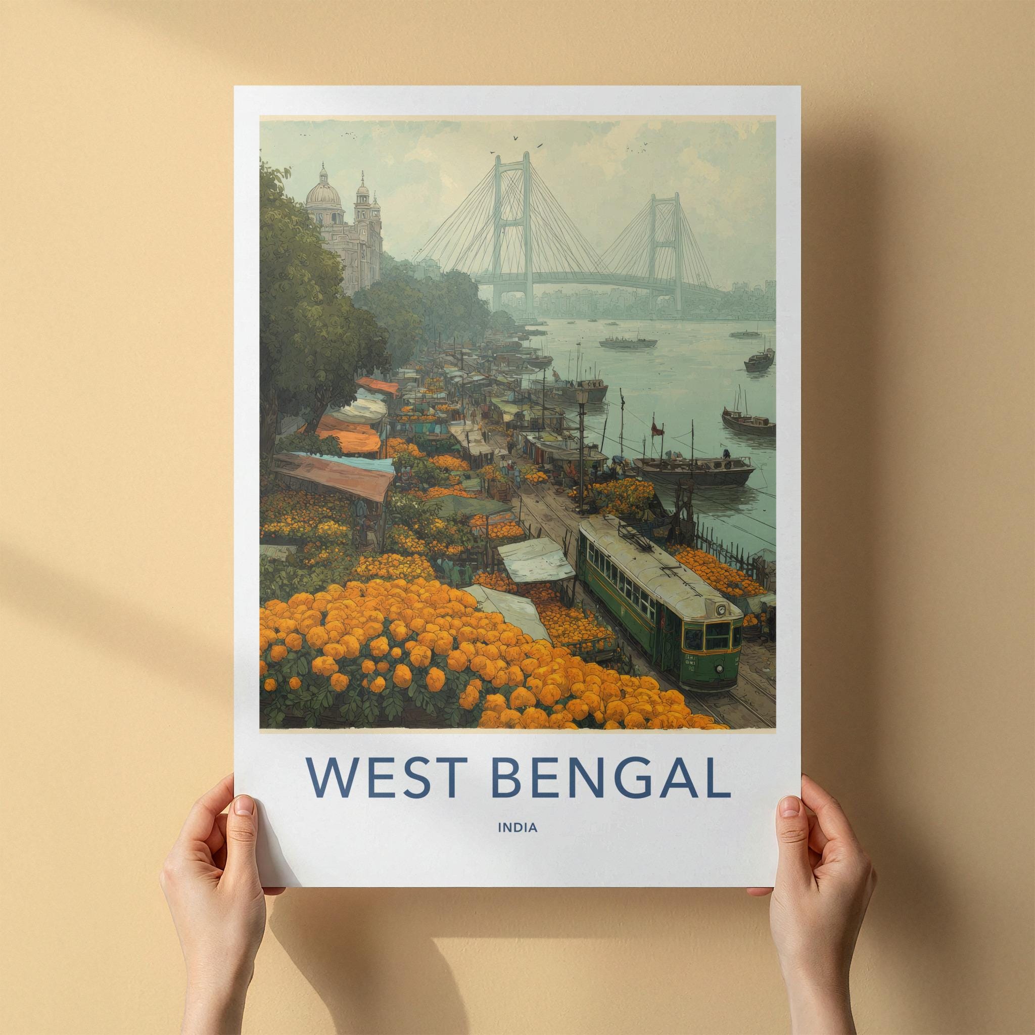 Kolkata Poster - India Travel Art - West Bengal Marigold Flower Market Home Decor