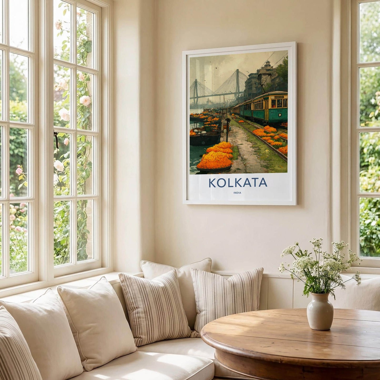 Kolkata Poster - India Travel Art - West Bengal Marigold Tram Bridge Home Decor