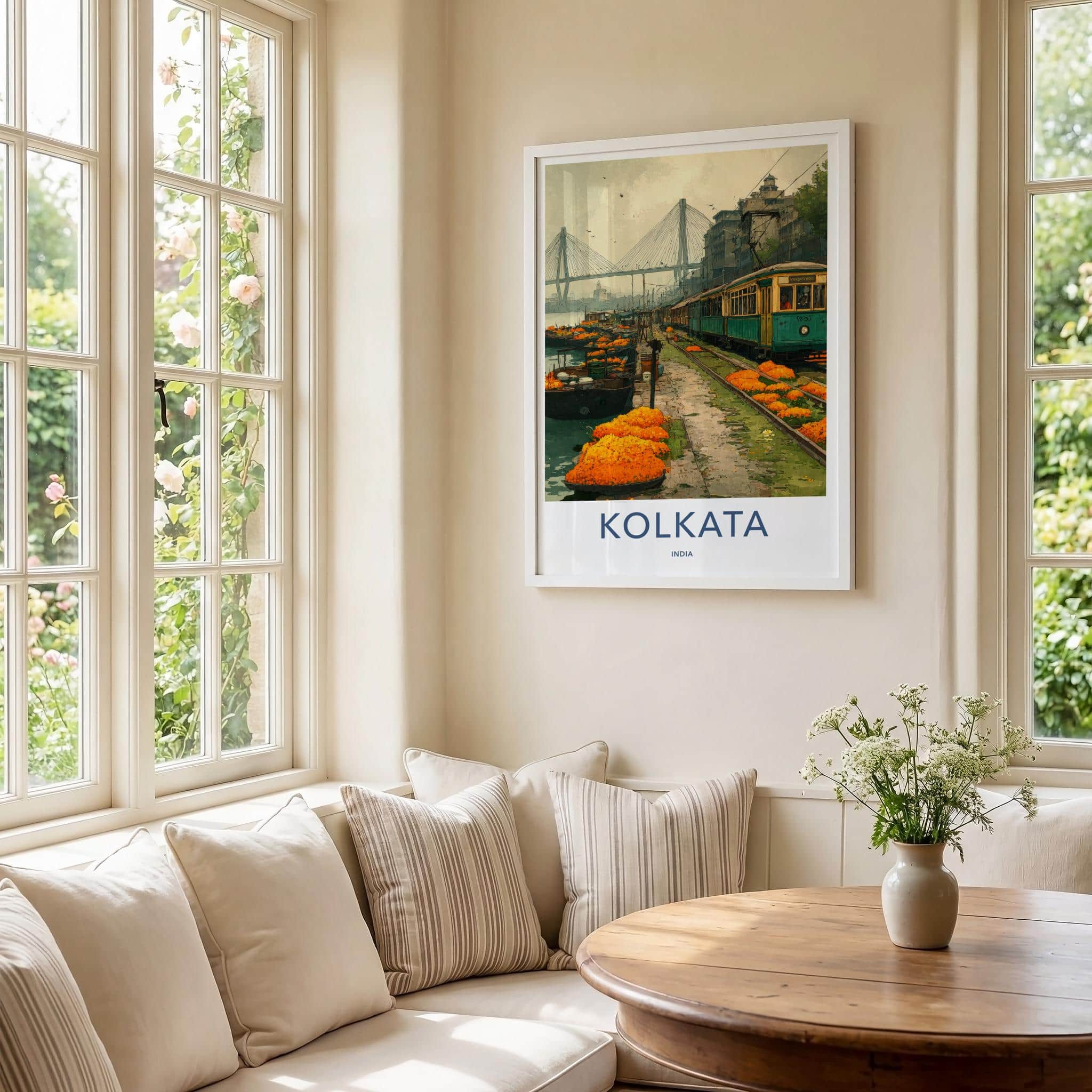 Kolkata Poster - India Travel Art - West Bengal Marigold Tram Bridge Home Decor