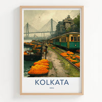 Kolkata Poster - India Travel Art - West Bengal Marigold Tram Bridge Home Decor