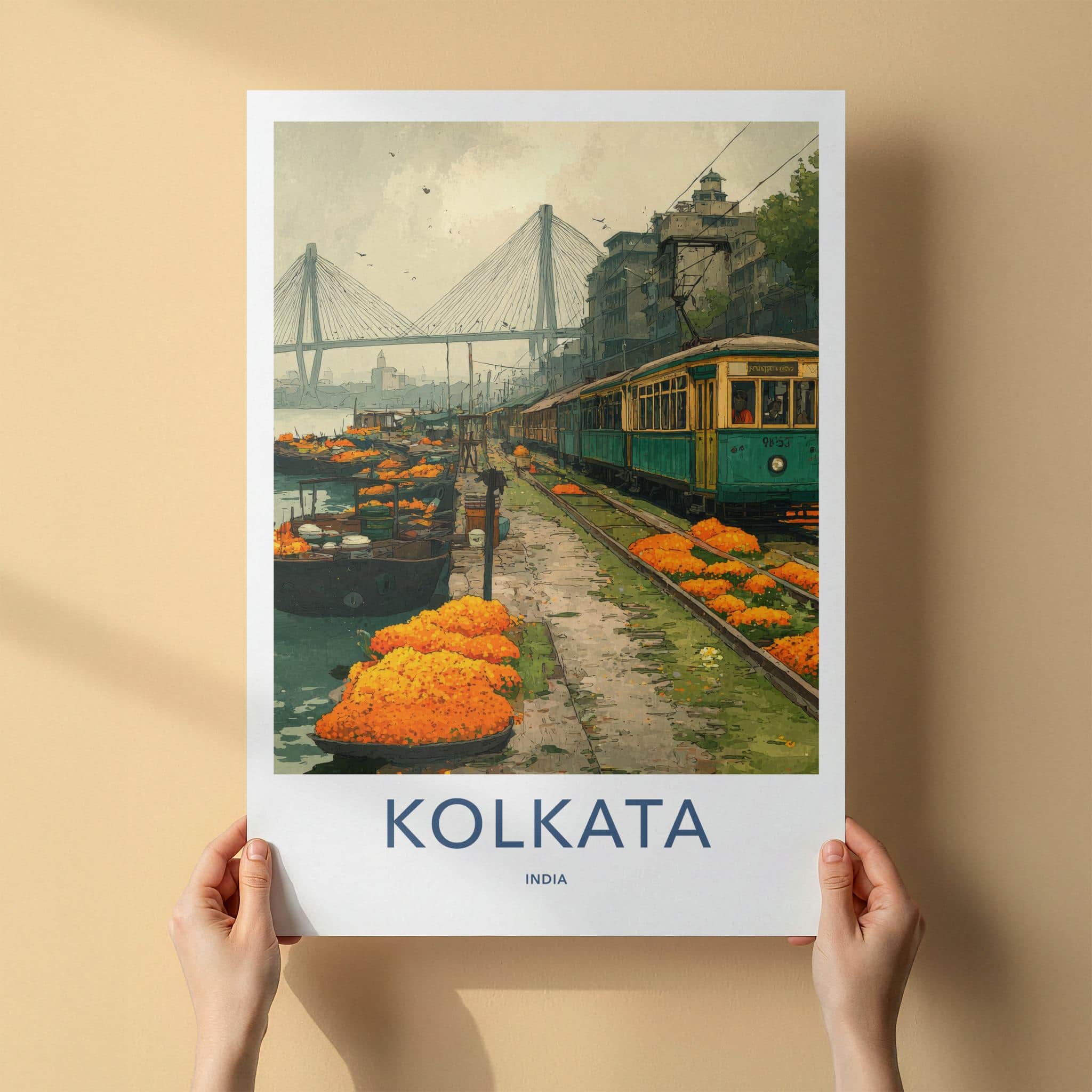 Kolkata Poster - India Travel Art - West Bengal Marigold Tram Bridge Home Decor