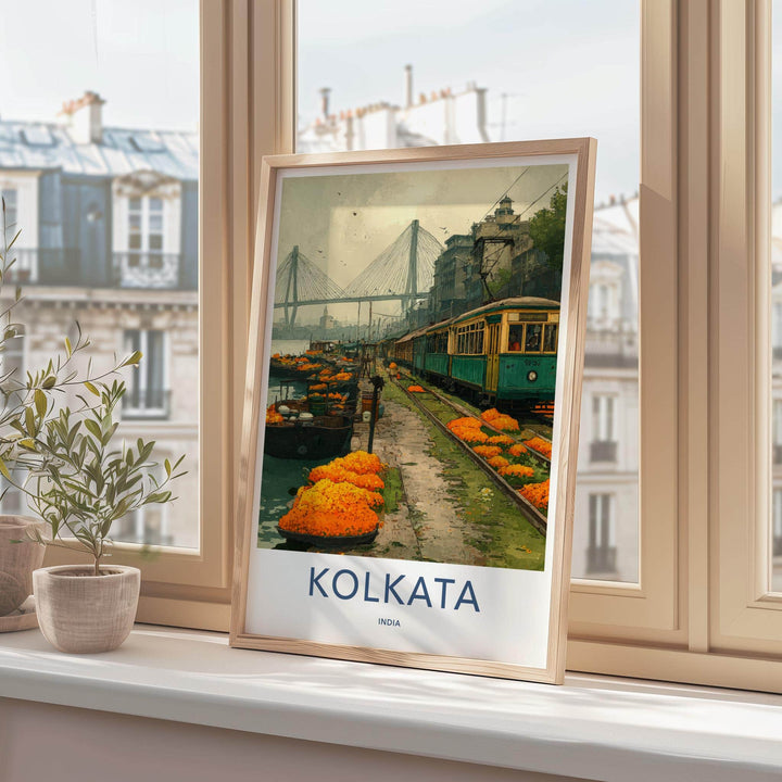 Kolkata Poster - India Travel Art - West Bengal Marigold Tram Bridge Home Decor