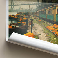 Kolkata Poster - India Travel Art - West Bengal Marigold Tram Bridge Home Decor