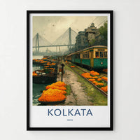 Kolkata Poster - India Travel Art - West Bengal Marigold Tram Bridge Home Decor