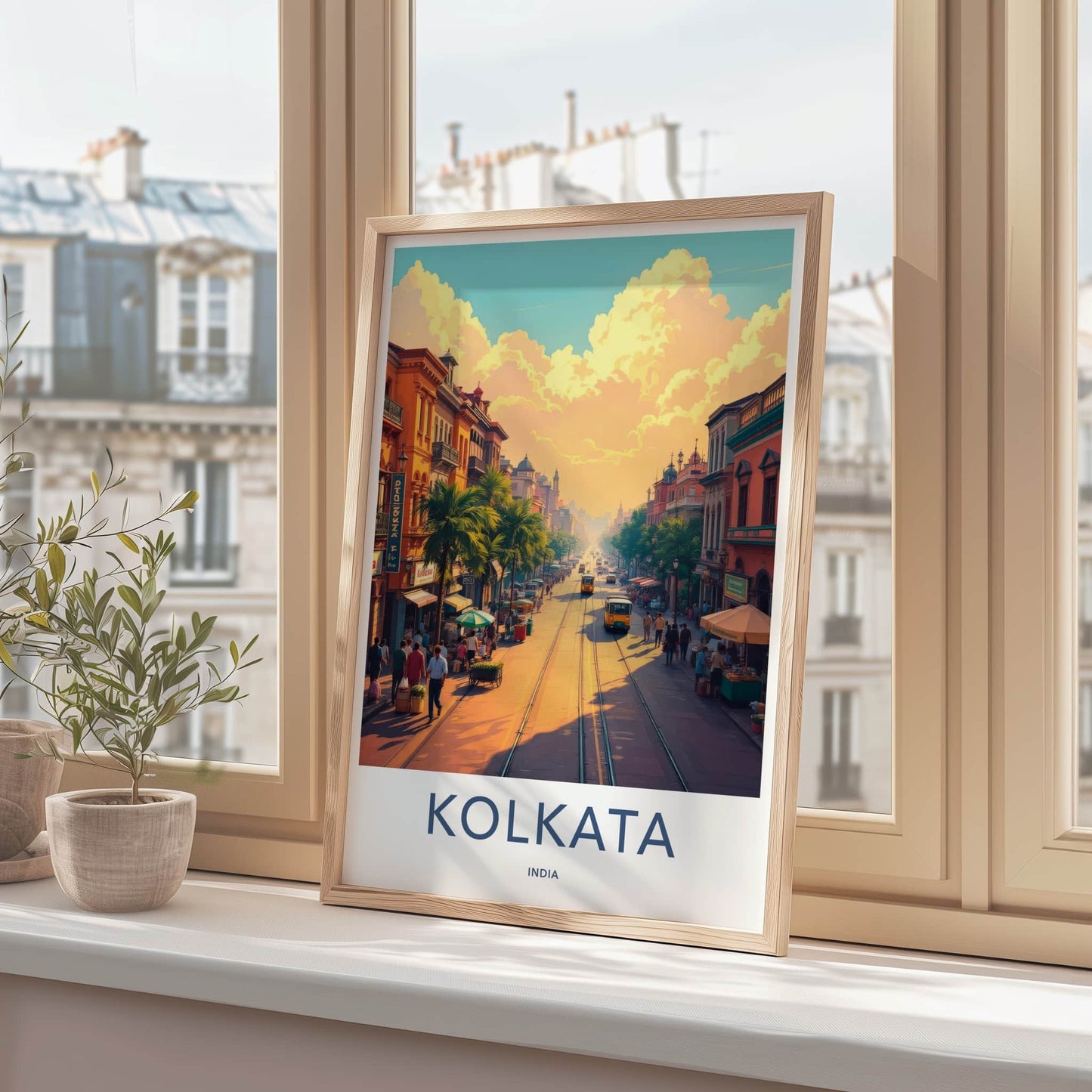 Kolkata Poster - India Travel Art - West Bengal Tram Street Scene Home Decor