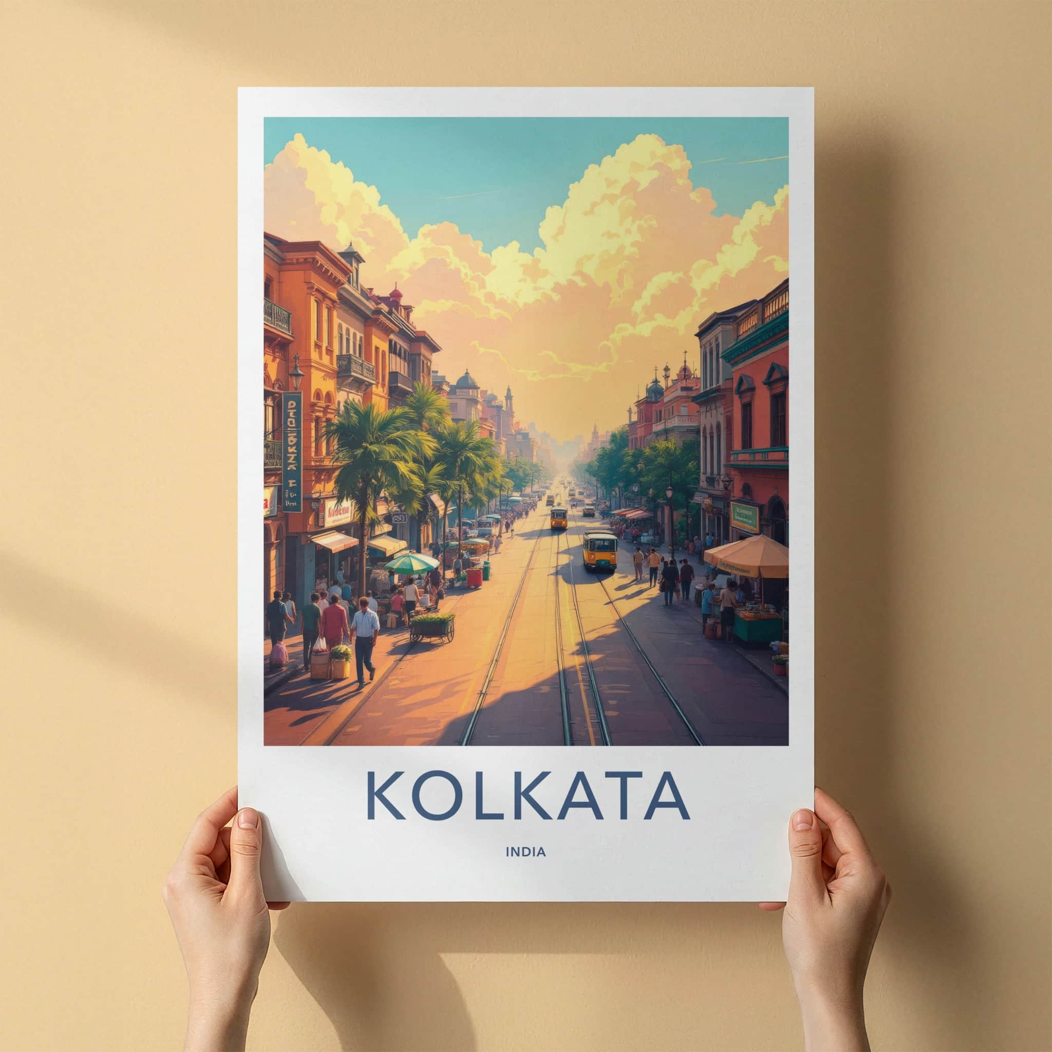 Kolkata Poster - India Travel Art - West Bengal Tram Street Scene Home Decor