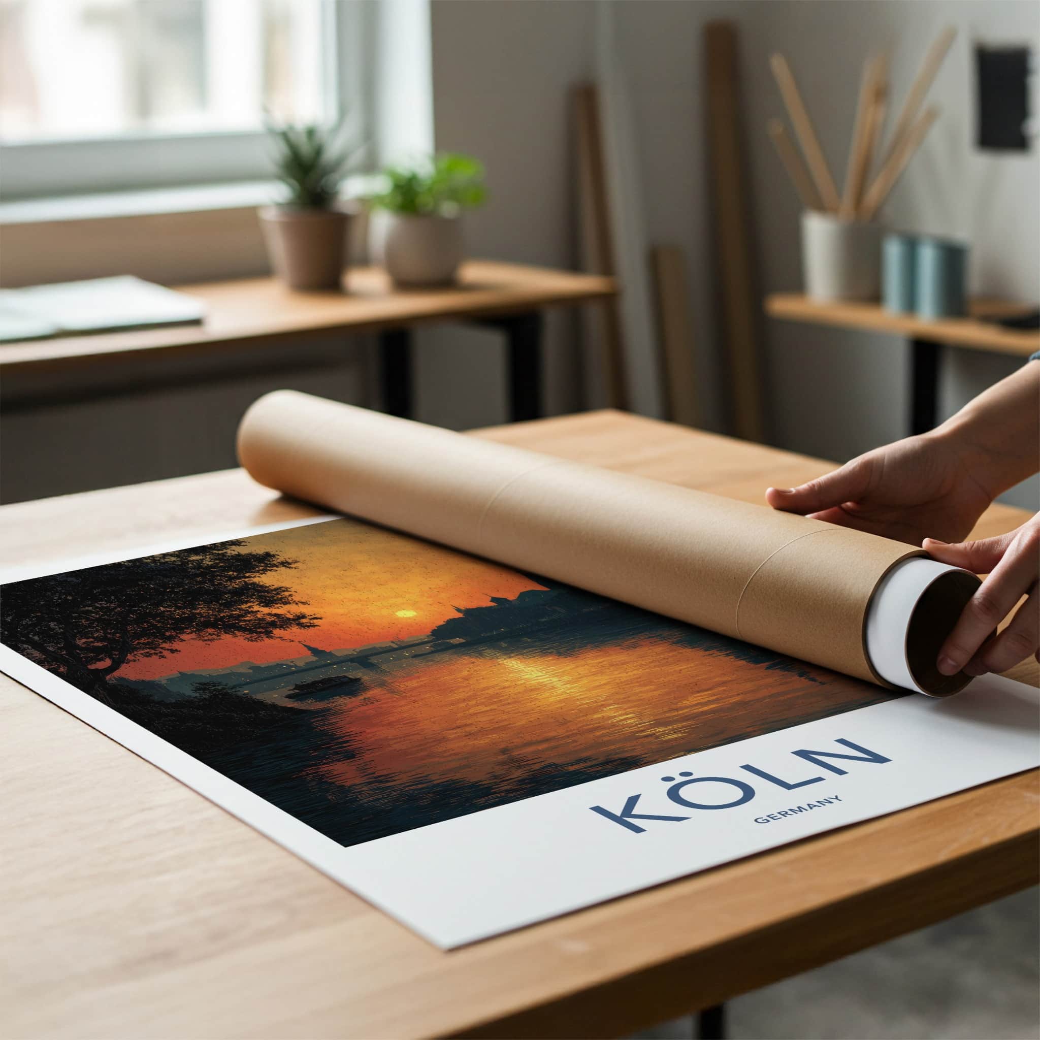 Koln Poster - Germany Travel Art - Cityscape River Sunset Home Decor